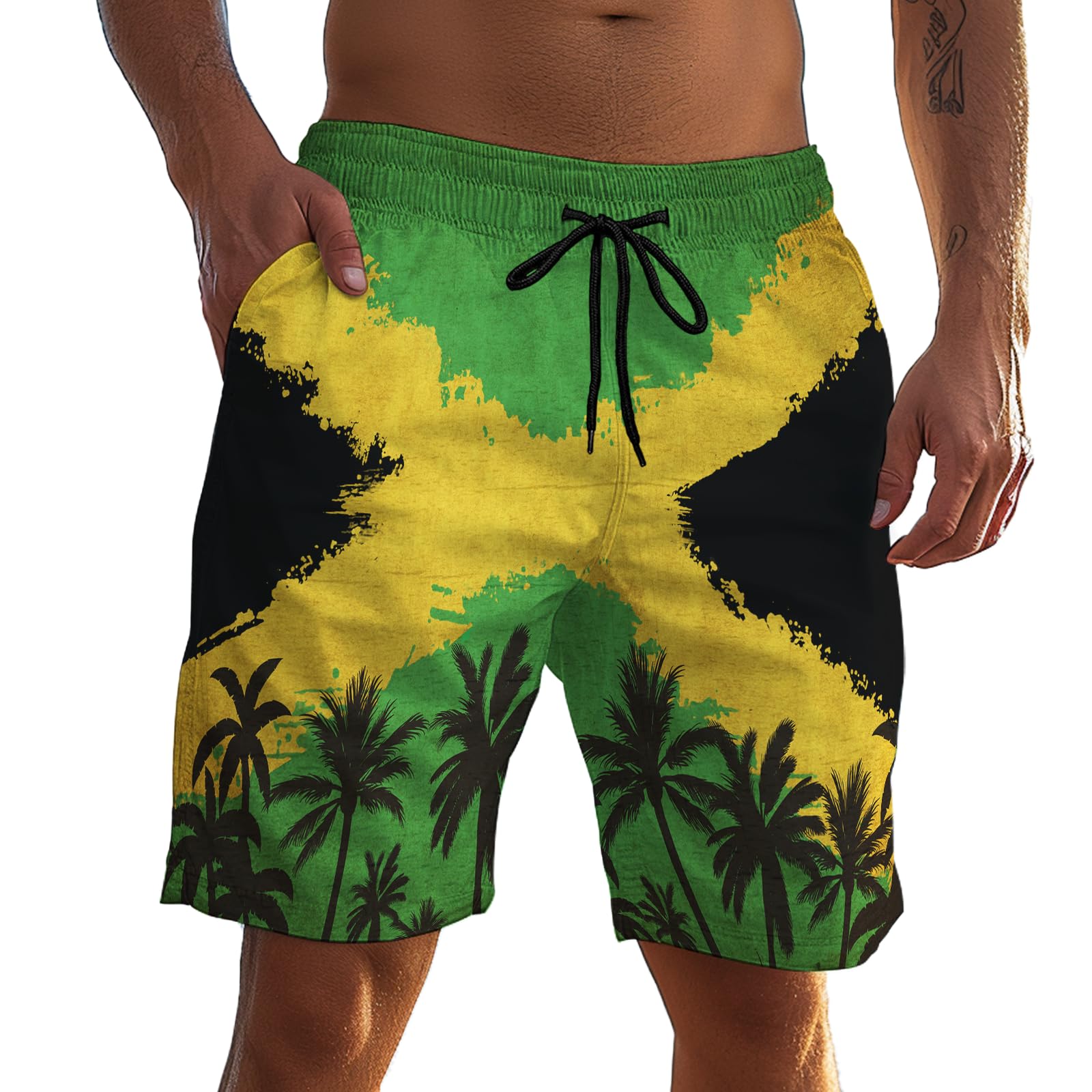 TENGBOKY Men's Funny Cat Riding Unicorn with Gun Swim Trunks Boardshort Beach Shorts