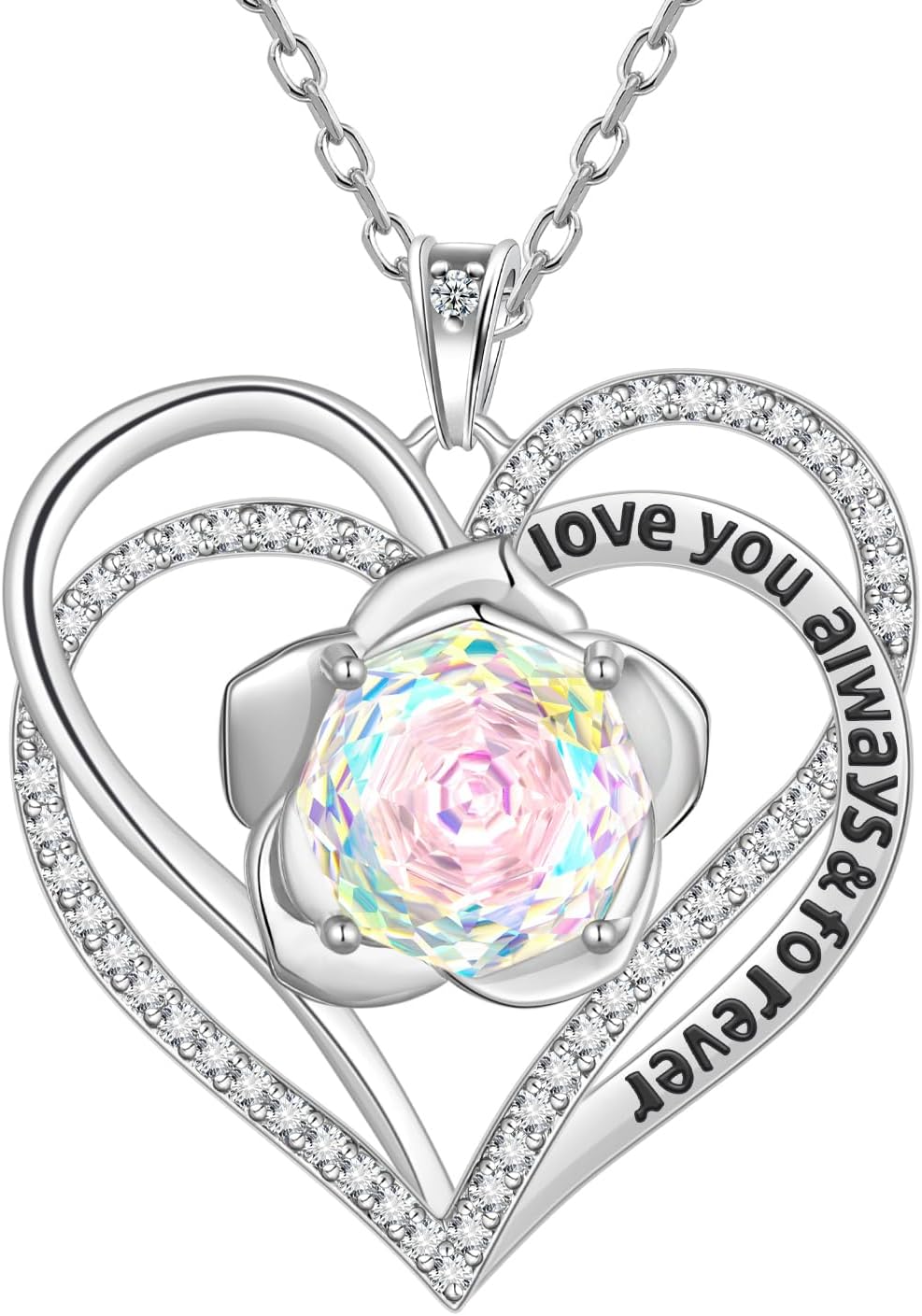Aurora Tears Birthstone Love Heart Pendant Necklace - 925 Sterling Silver Rose Cut Cubic Zirconia I Love You Necklace Anniversary Birthday Jewelry Gift for Women Wife Mom Daughter