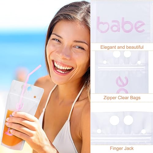 Miniatura 3 de 18 bolsas de plástico con cremallera para bebidas con pajitas para fiestas de novia, bolsas translúcidas esmeriladas de mano resistentes con pajitas