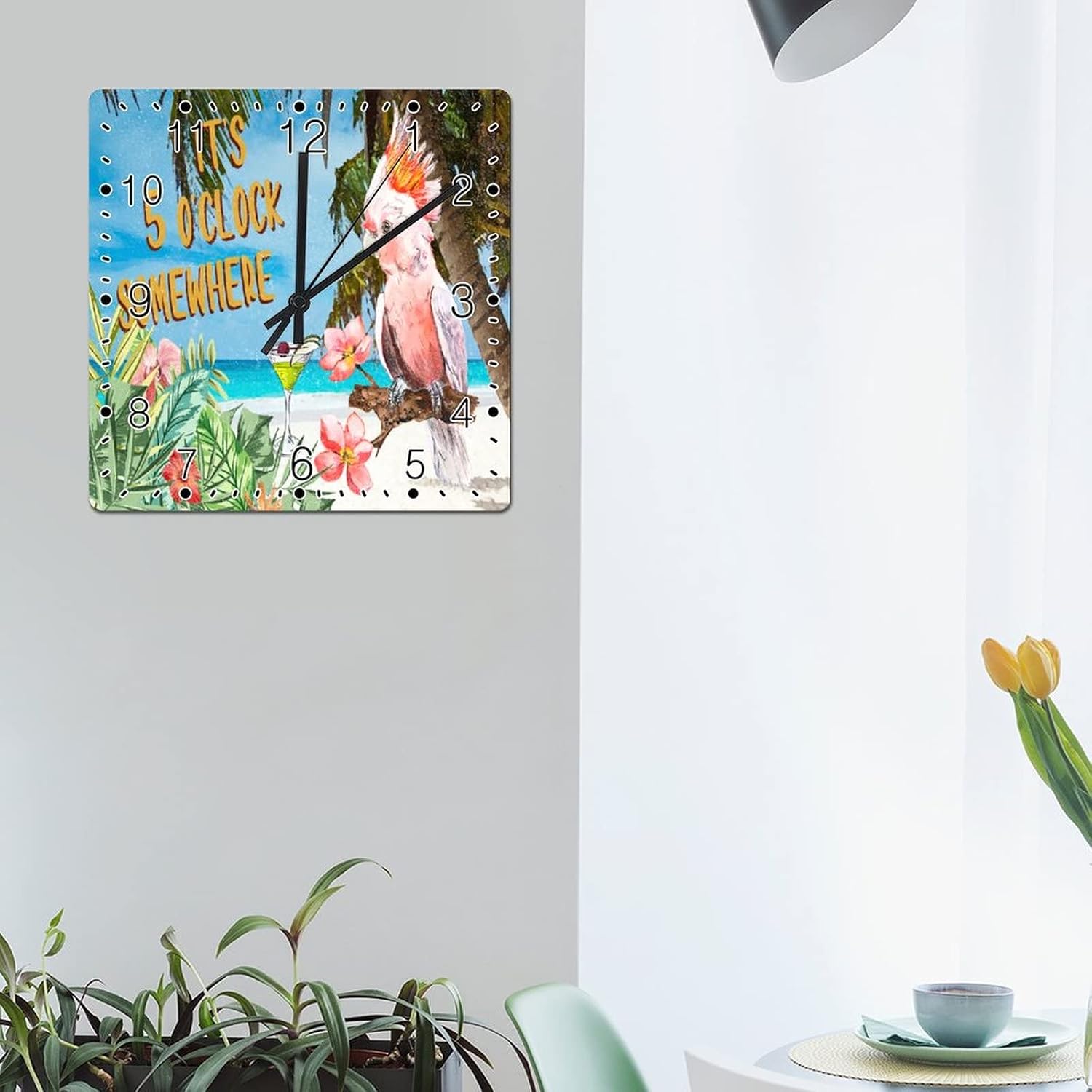 Colour Colorful Floral Parrot Tropical Wall Clock Beach House Square Clocks It's Five O'clock Somewhere 15 Inch Wall Clocks Battery Operated Tuscan Cabin Wall Decor Living Room Decor