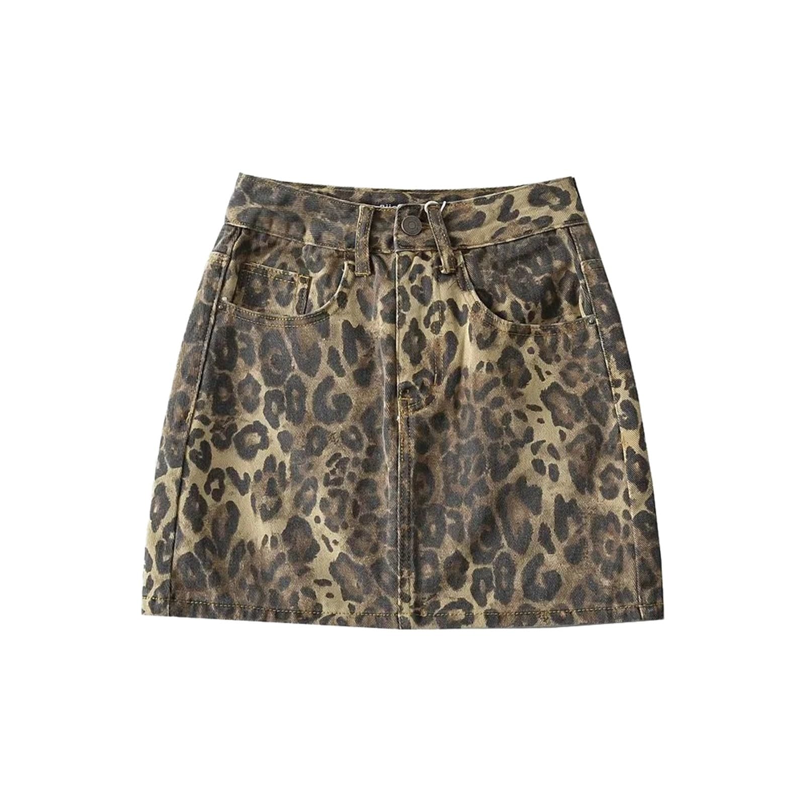 Categoría de producto Falda 1 | Título del producto Minifalda de línea A con estampado de leopardo alto | Falda patinadora de mezclilla con volantes para mujeres de moda