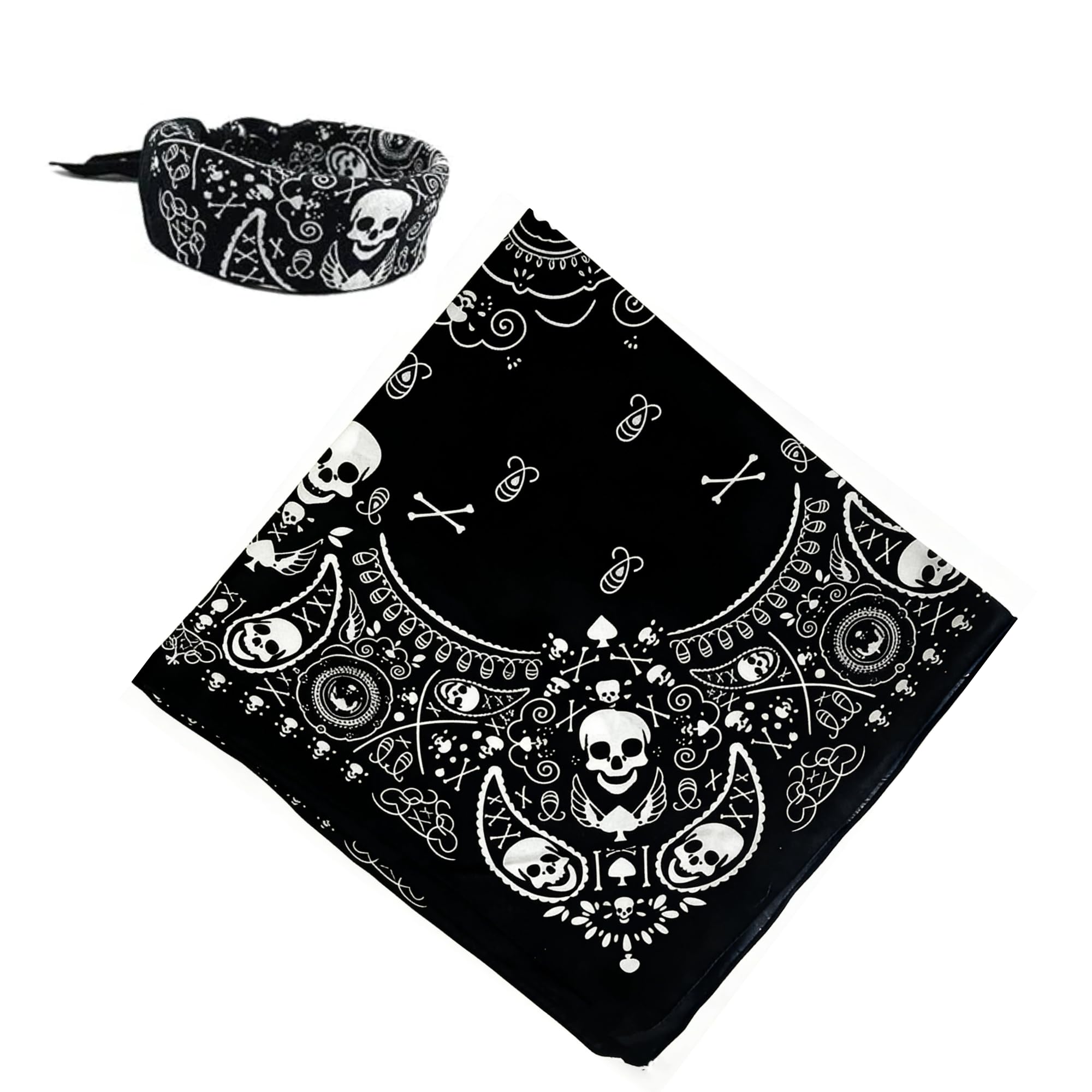 Elenviorina Black Skull Bandana for Men & Women – 54x54cm Cotton Head Scarf, Pirate Headwrap, Gothic Neckkerchief, Breathable Black Bandana for Costume & Daily Wear