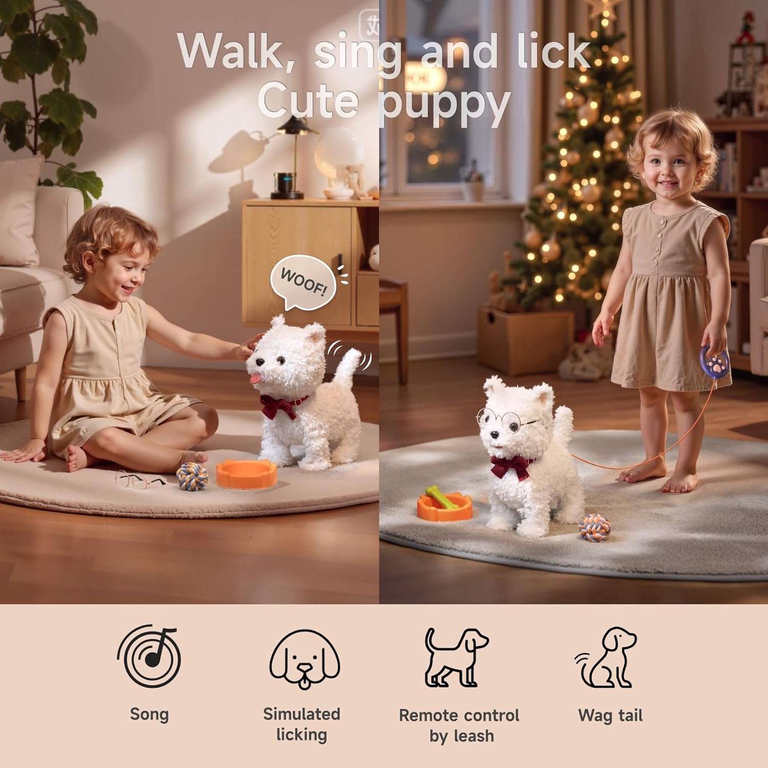 Walking Dog Toy with Leash, Remote Control Interactive Robot Dog, Dress Up Plush Puppy with Walking, Barking, Tongue Licking, Tail Wagging, Toys for Age 3+ Kids