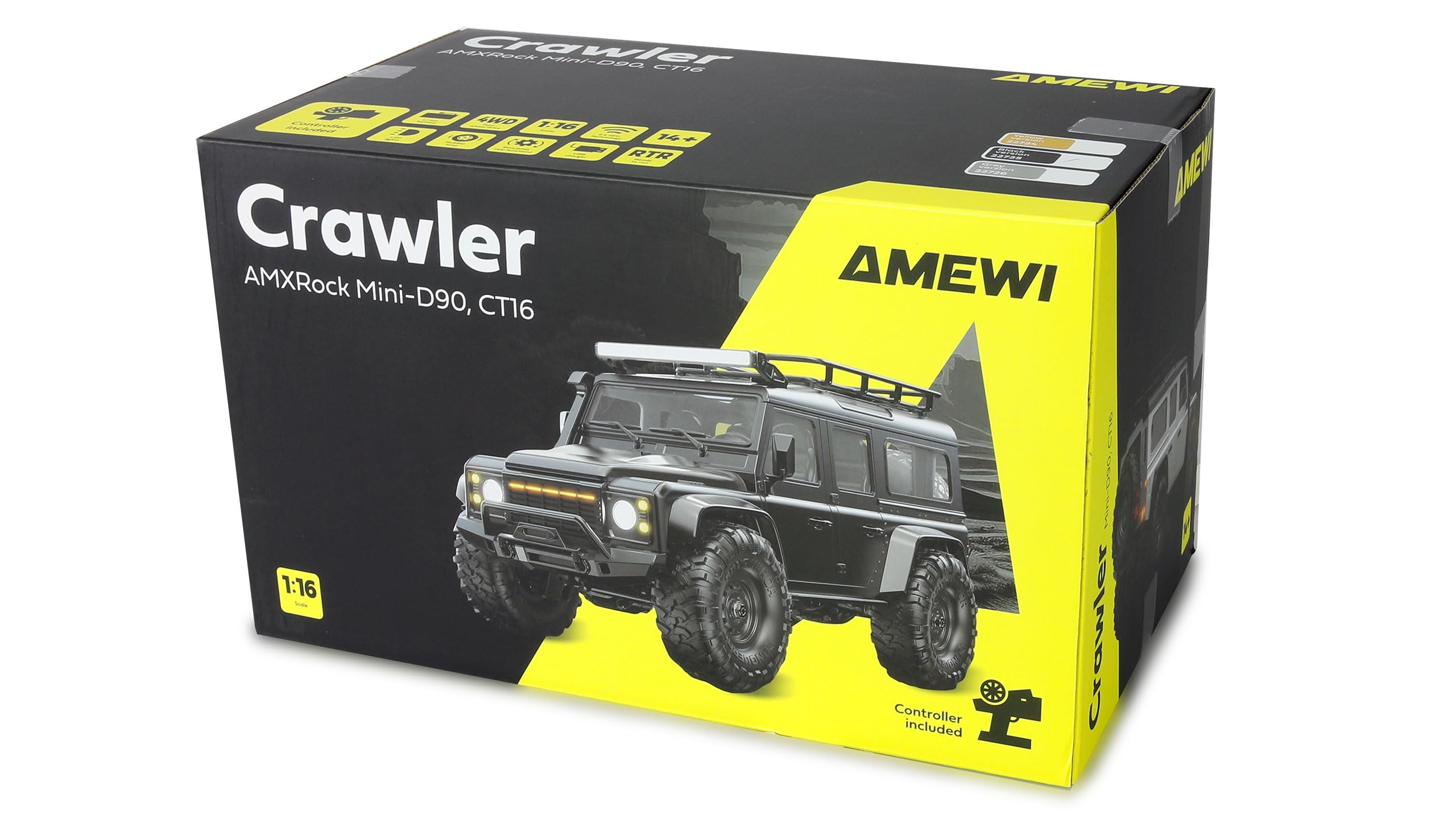 Amewi AMXRock Mini-D90 Scale Crawler 4WD 1:16 RTR żółty z pilotem zdalnego sterowania, akumulatorem, kablem do ładowania