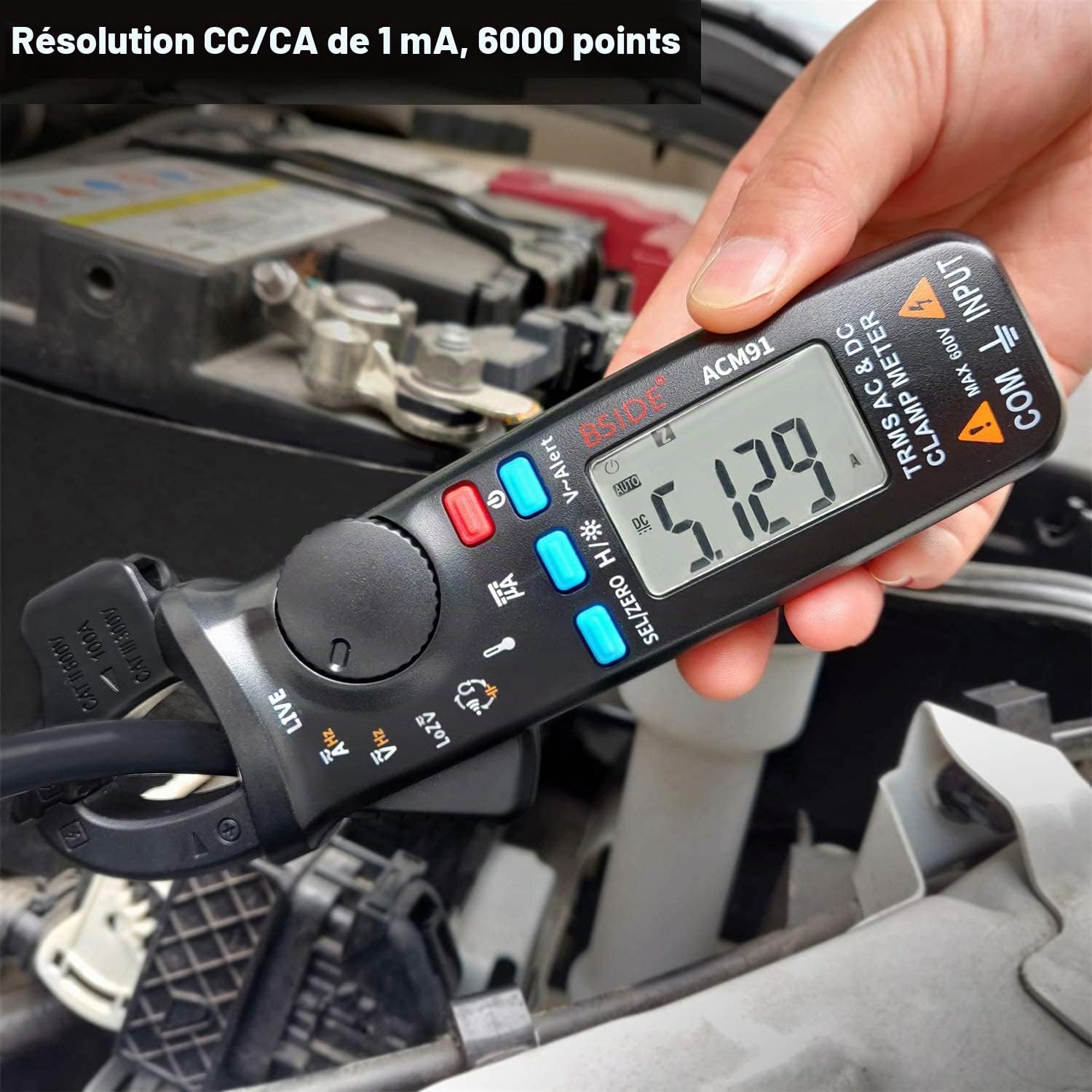 BSIDE ACM91 Pince multimètre 1 mA Courant AC/DC TRMS Auto-Ranging 6000 comptes Multimètre Capacitance Live Check V-Alert Testeur avec clip de poche