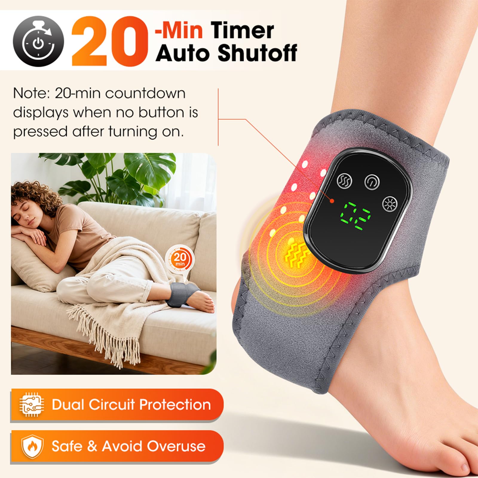 3 en 1 Masajeador de Pies y Tobillos Inalámbrico con Calor, Luz Roja y Vibración, Portátil Eléctrico tobillera masaje para fascitis plantar Regalo para Relax Diario