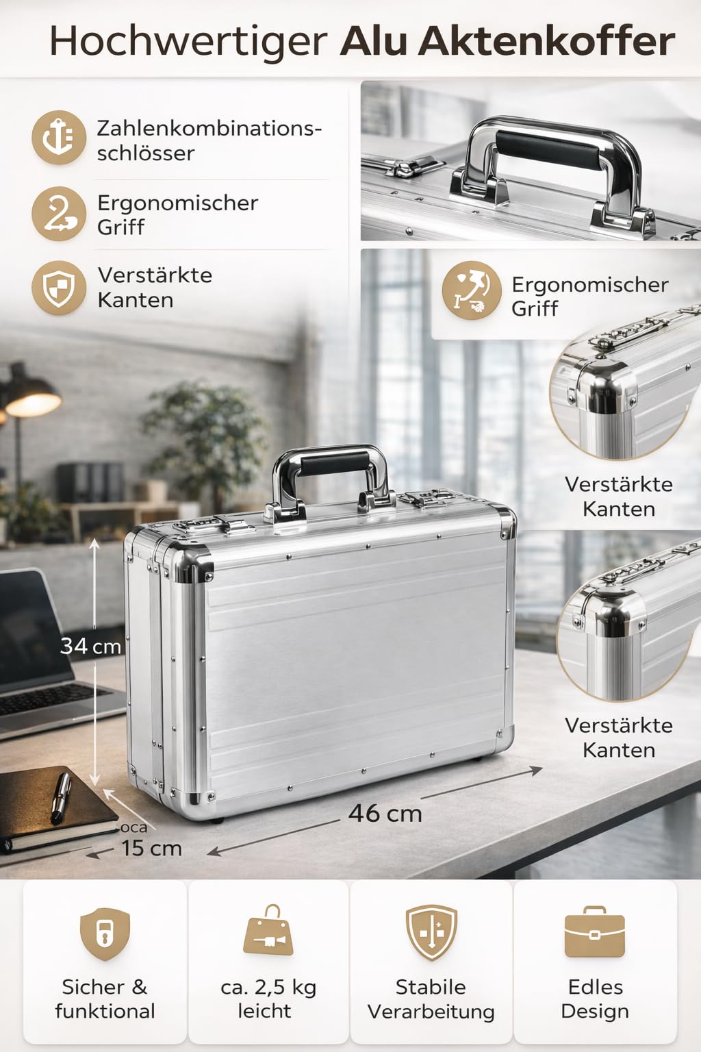 Alumaxx Attachékoffer TAURUS, Aktenkoffer aus Aluminium, Alu Dokumentenkoffer, Alukoffer, Aluminiumkoffer Ventiquattrore, 46 cm, 15 liters, Argento (Silber)