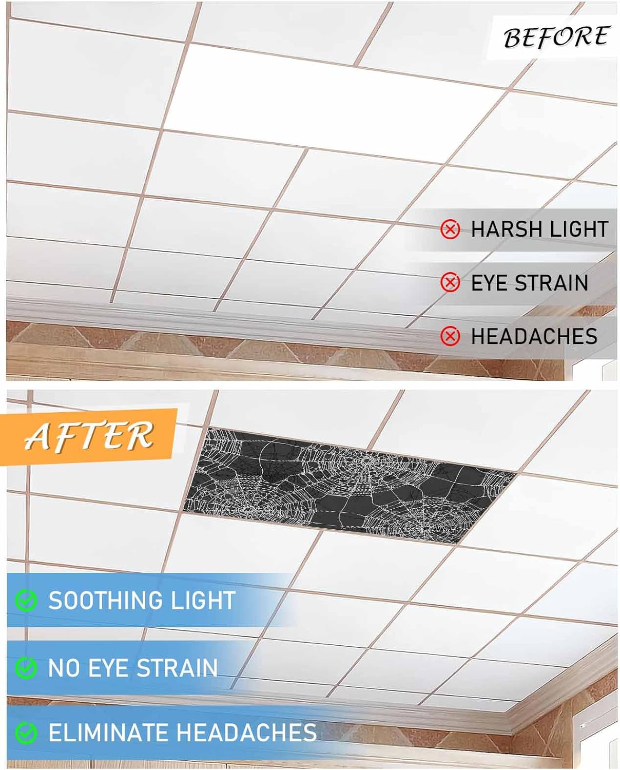 Light Covers for Ceiling Lights Classroom Halloween Black Webs Magnetic Light Filters 4 Pack 4x2 ft Horror Ceiling Light Cover for Classroom Office School Home Drop Lamp Decor