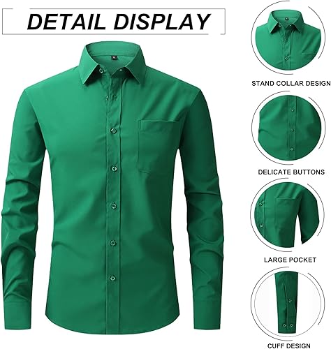 Vista 3 de Camisa de vestir de manga larga para hombre, ajuste regular, casual, con botones, color liso, con bolsillos