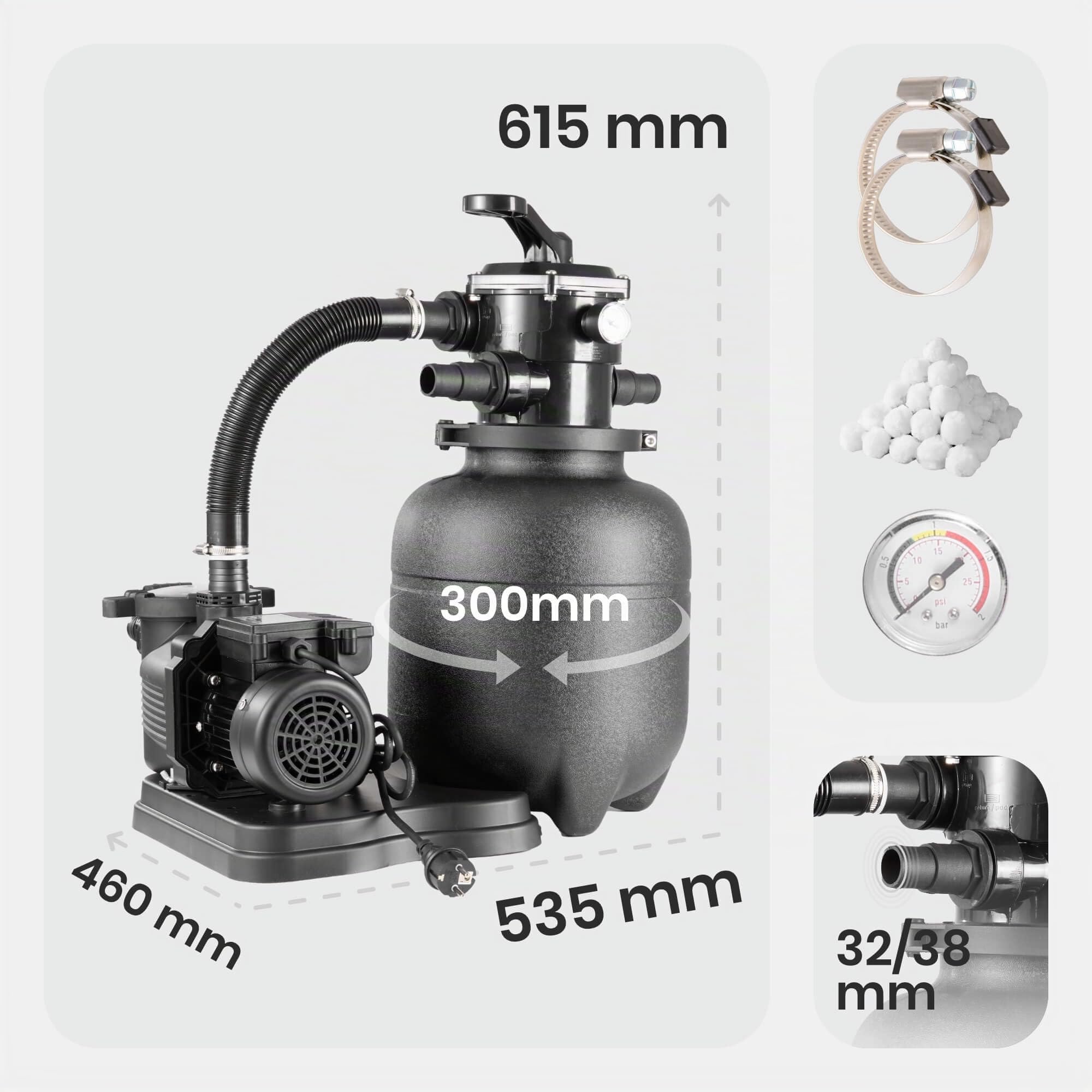 Arebos Système de filtration à sable avec pompe et 600 g de balles de filtration | 350W | 9500 L/h | Capacité du réservoir jusqu'à 20 kg de sable | Vanne à 7 voies avec poignée | Filtre de piscine