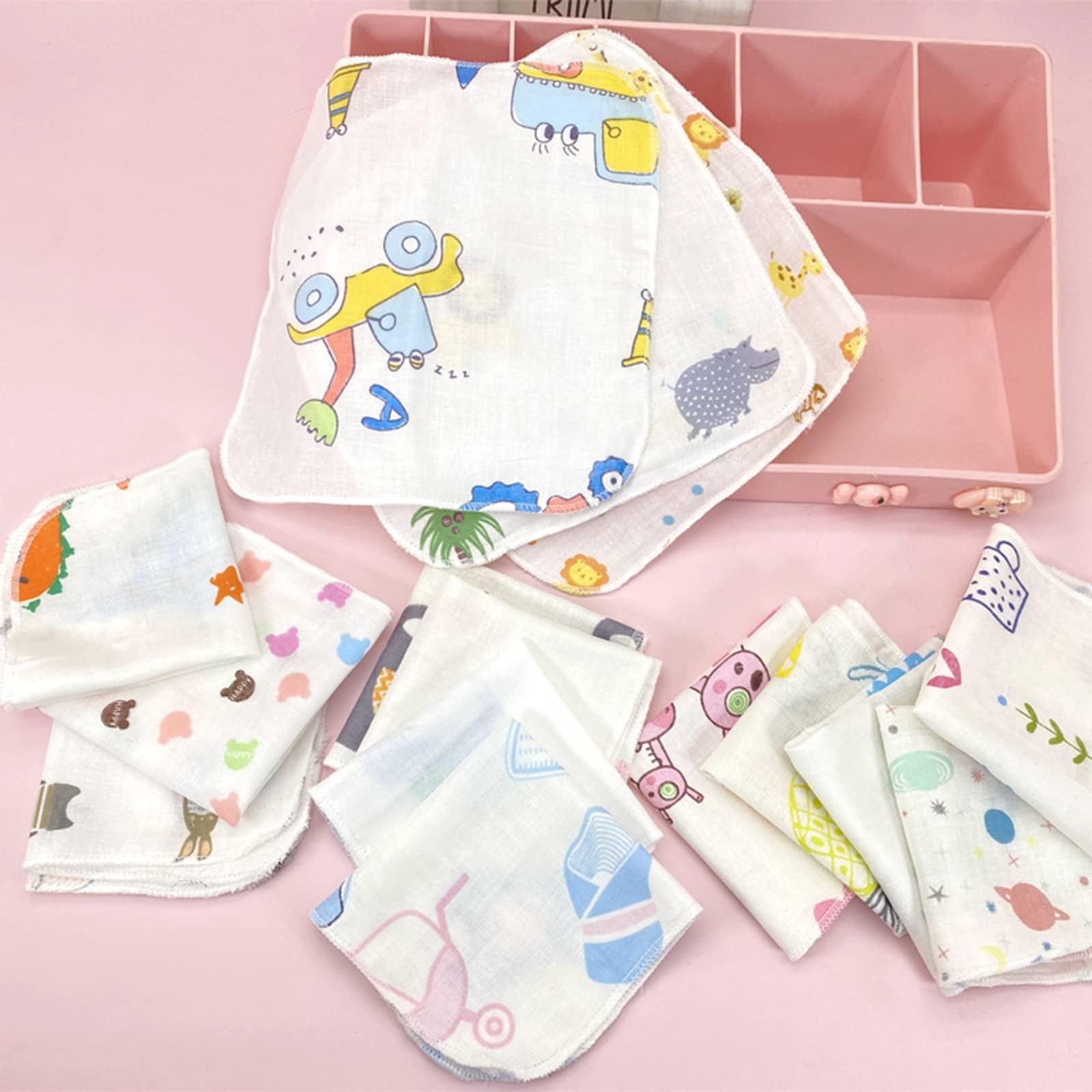 Qsvbeeqj 10Pcs 20x20cm Baby Washcloths Set Cute Cartoon Print Double Layer Gauze Infant Face Towel Reusable Absorbent Square Burp Cloths Handkerchief Baby Washcloths