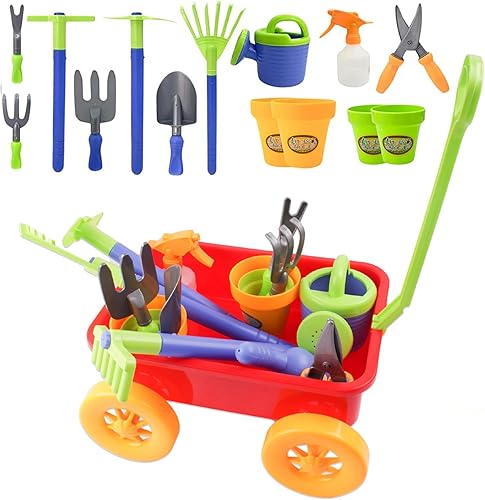 Miniatura 9 de Dimple Garden Wagon & Tools - Juego de 15 herramientas de jardinería para niños, resistente y duradero, juego de jardín superior, playa, arena,