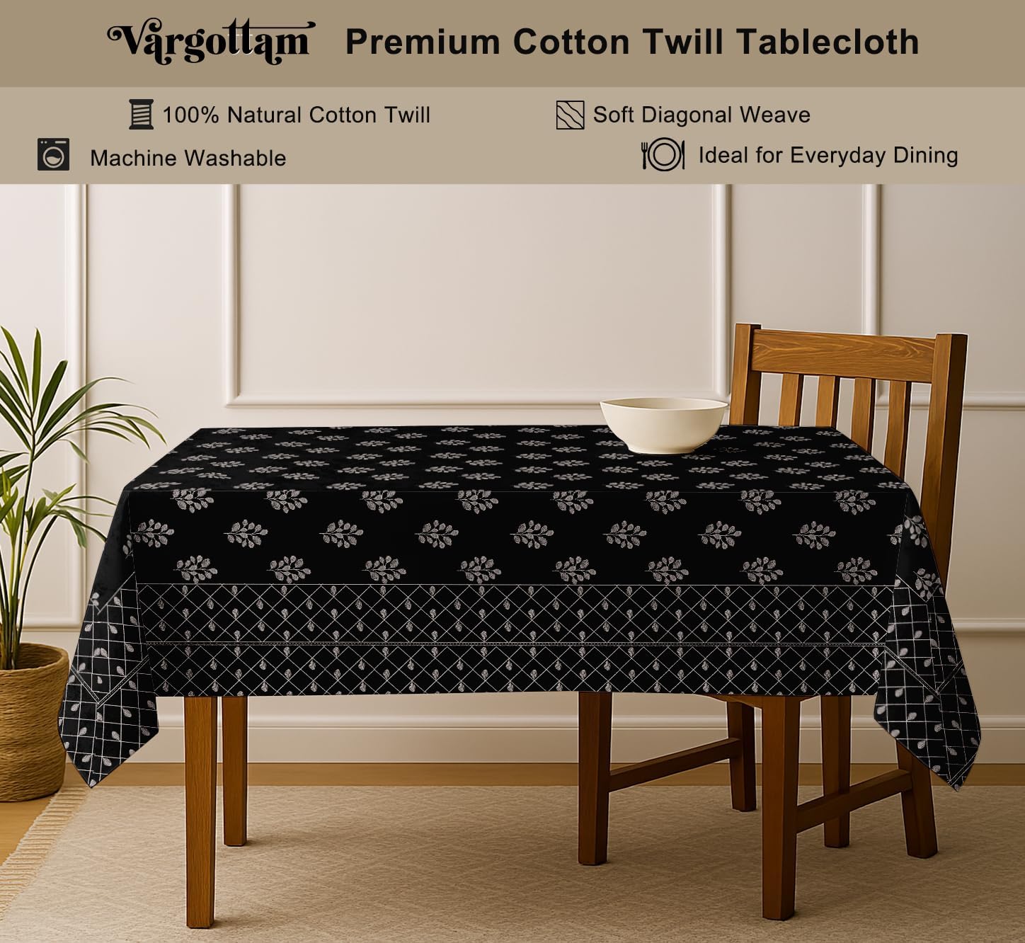 Leaves Design Tablecloth- Black 60x60 Inch Cotton Twill Dining Table Cover, Perfect for 4 Seater Tables, Durable, Protective & Washable, Ideal for Everyday Use, Festive Occasions & Gathering