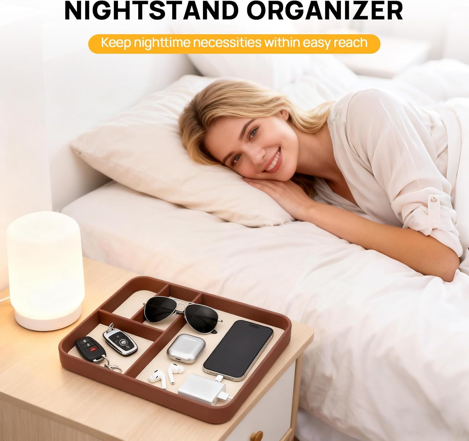 Leather Valet Tray, Stylish and Organized Multifunctional Tray, Nightstand & Desk Organizer, EDC Catchall for Keys Watch Jewelry Bedside Table Organizer