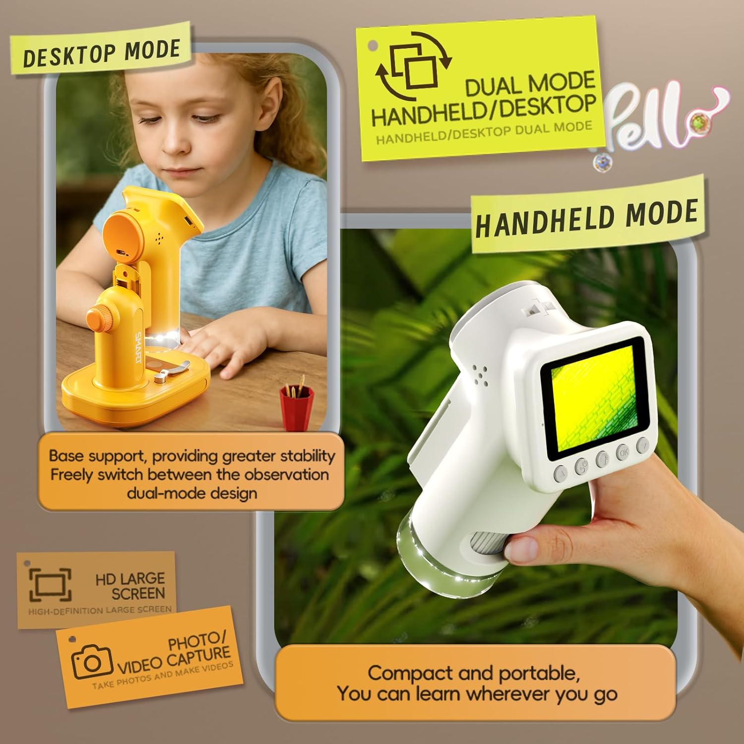 1600x Microscope for Kids, 2" Digital Screen Kids Microscopes, Handheld Pocket Microscope with Photo/Video, LED Light, 32GB, Slides, Rechargeable Portable Microscope for Boys Girls Ages 6,7,8-12 - Image 3