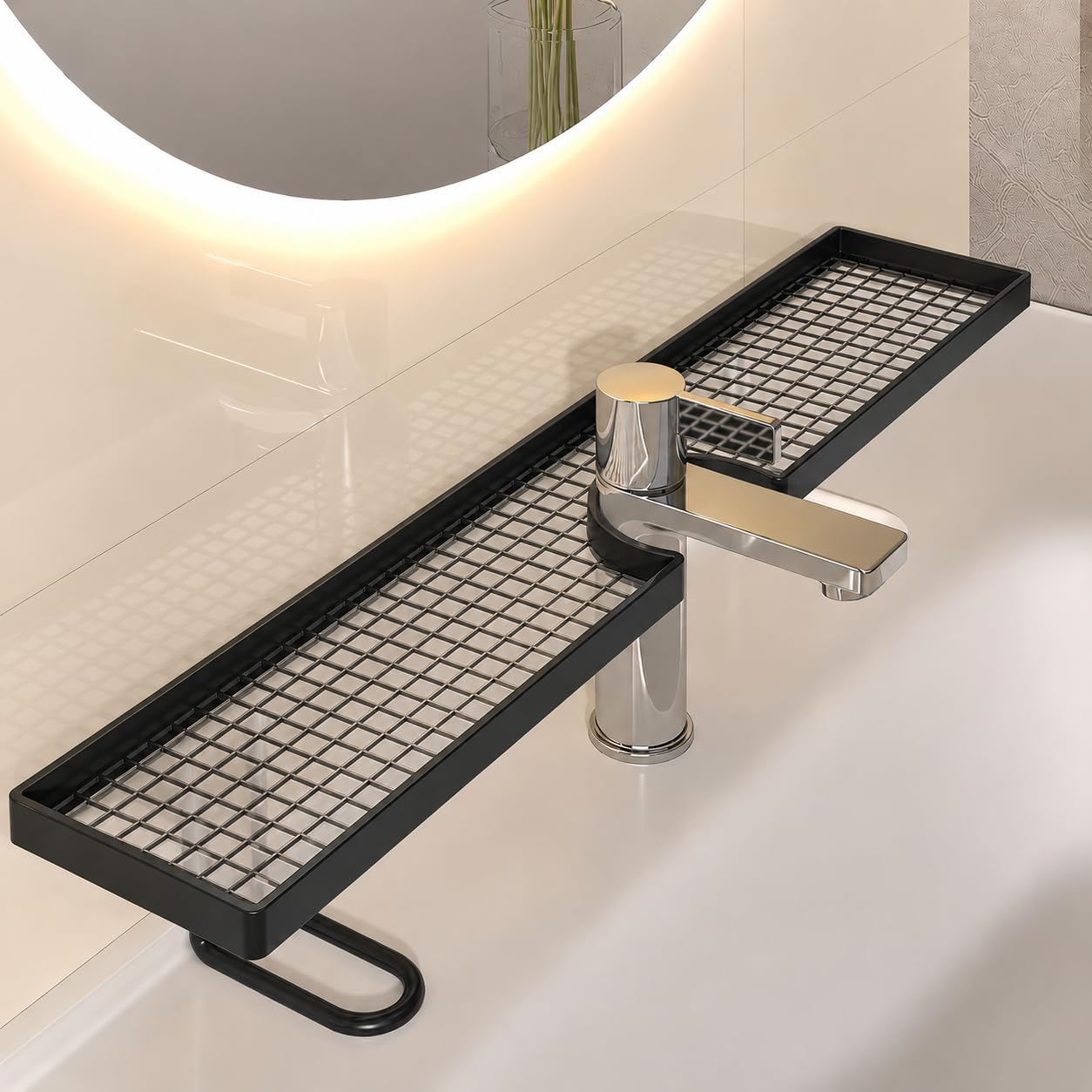 Bathroom Sink Shelf Over Faucet, Over Bathroom Sink Shelf Organizer, No-Drill Faucet Storage Rack, Behind Faucet Storage Shelf for Bathroom Counter Organization (Black, L:19.6in)