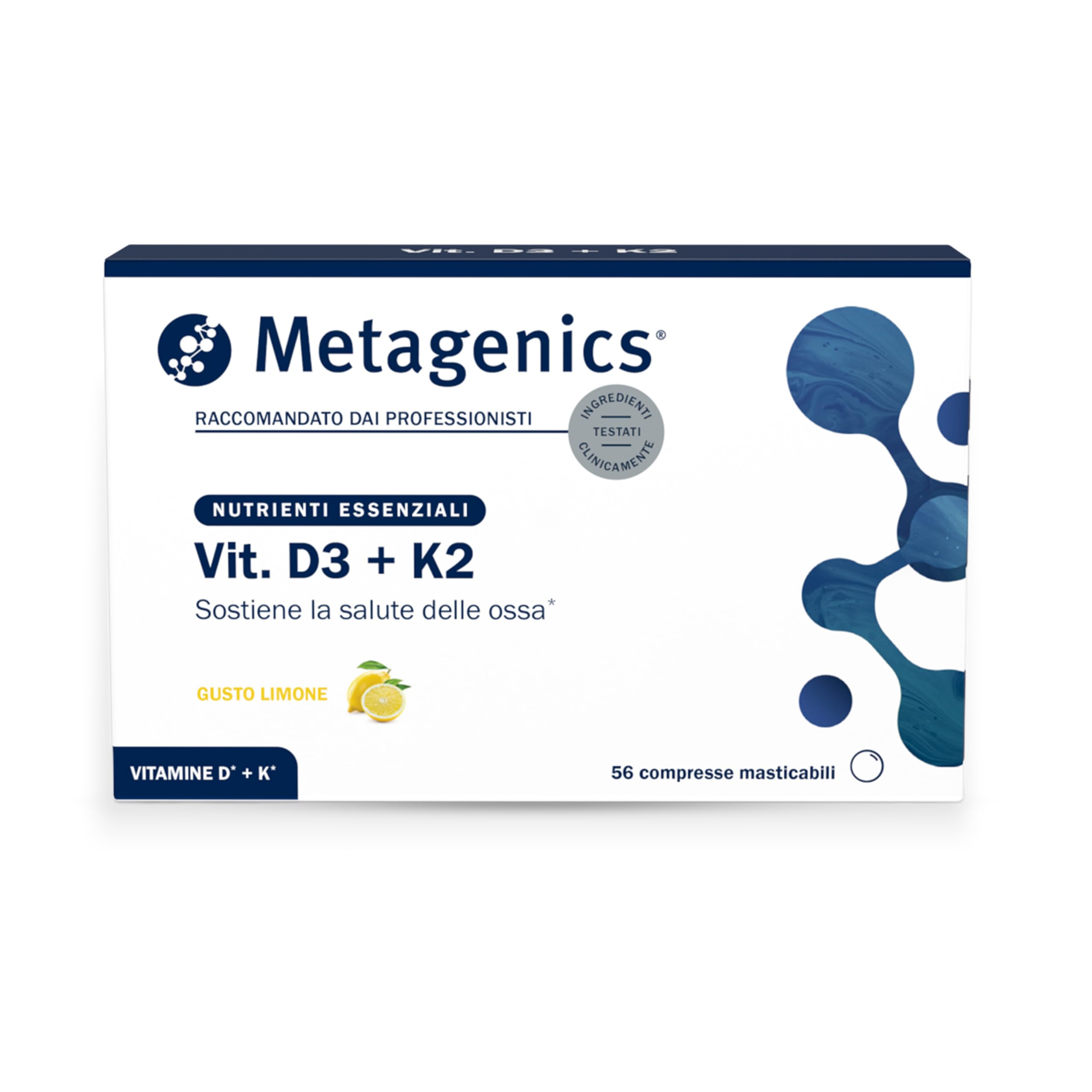 Metagenics Vitamina D3 + K2 - Sostiene la Salute delle Ossa - 56 Compresse Masticabili - Gusto Limone