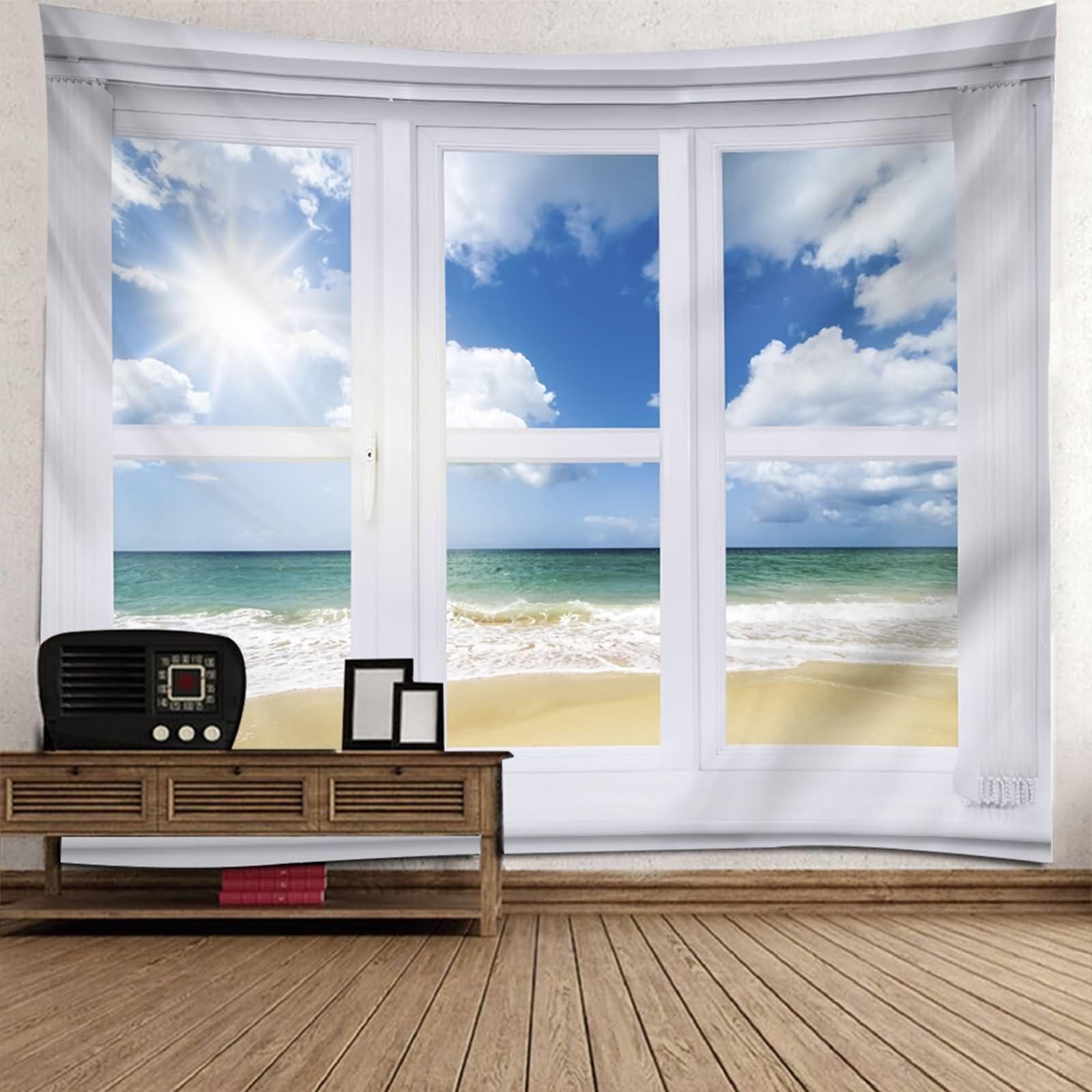 Homxi Wandteppich Klein 260 x 240 CM,Fenster Küstenlandschaft Tapestry Wanddeko Schlafzimmer Polyester Blau Weiß