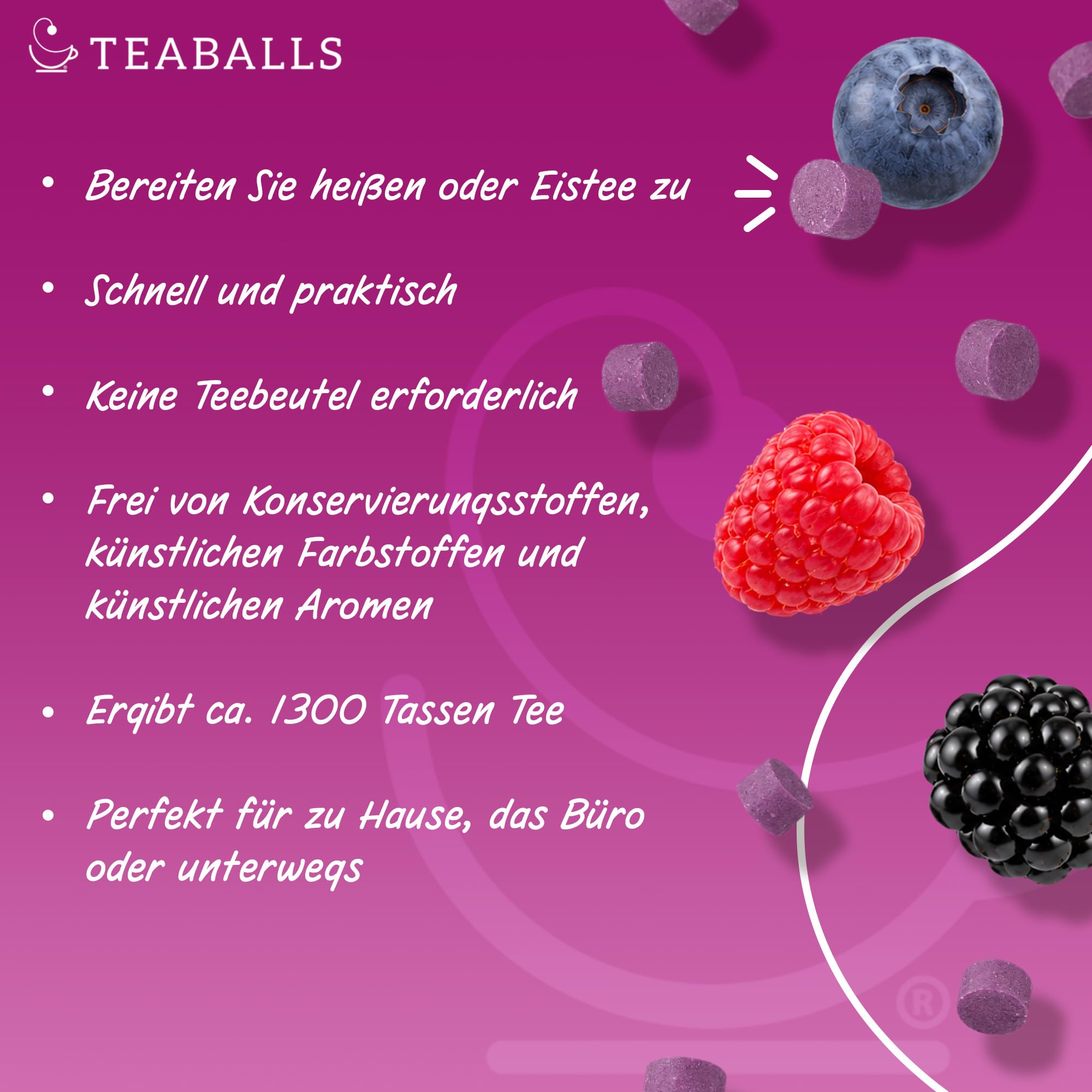 TEABALLS Wildberry Instanttee Tabs 500g - zuckerfrei, vegan - Vorratspack | 500G VORRATSPACKUNG: TEABALLS Wildberry Instanttee Tabs - bis zu 1330 Tassen, ideal für regelmäßige Teetrinker.