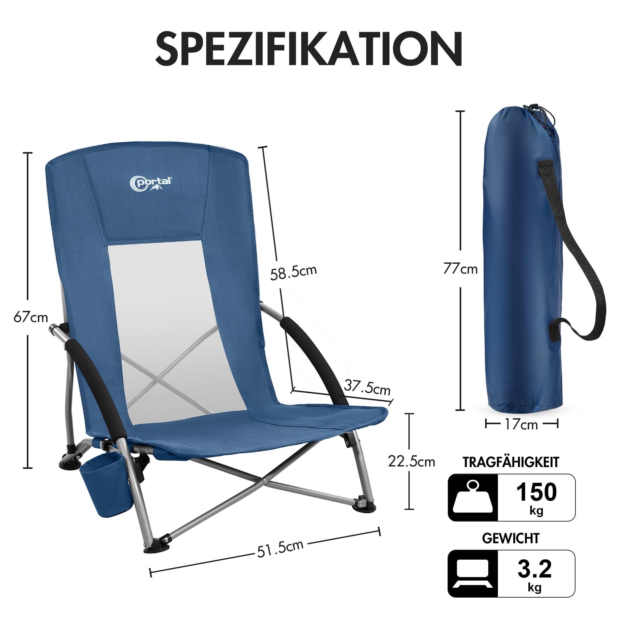 Portal Strandstühle für Erwachsene, 2 Stück, hohe Rückenlehne, niedrig, faltbar, Campingstuhl, tragbar, leicht, mit Getränkehalter, für Reisen, Konzert, Rasen, Festival, Unterstützung 180 kg