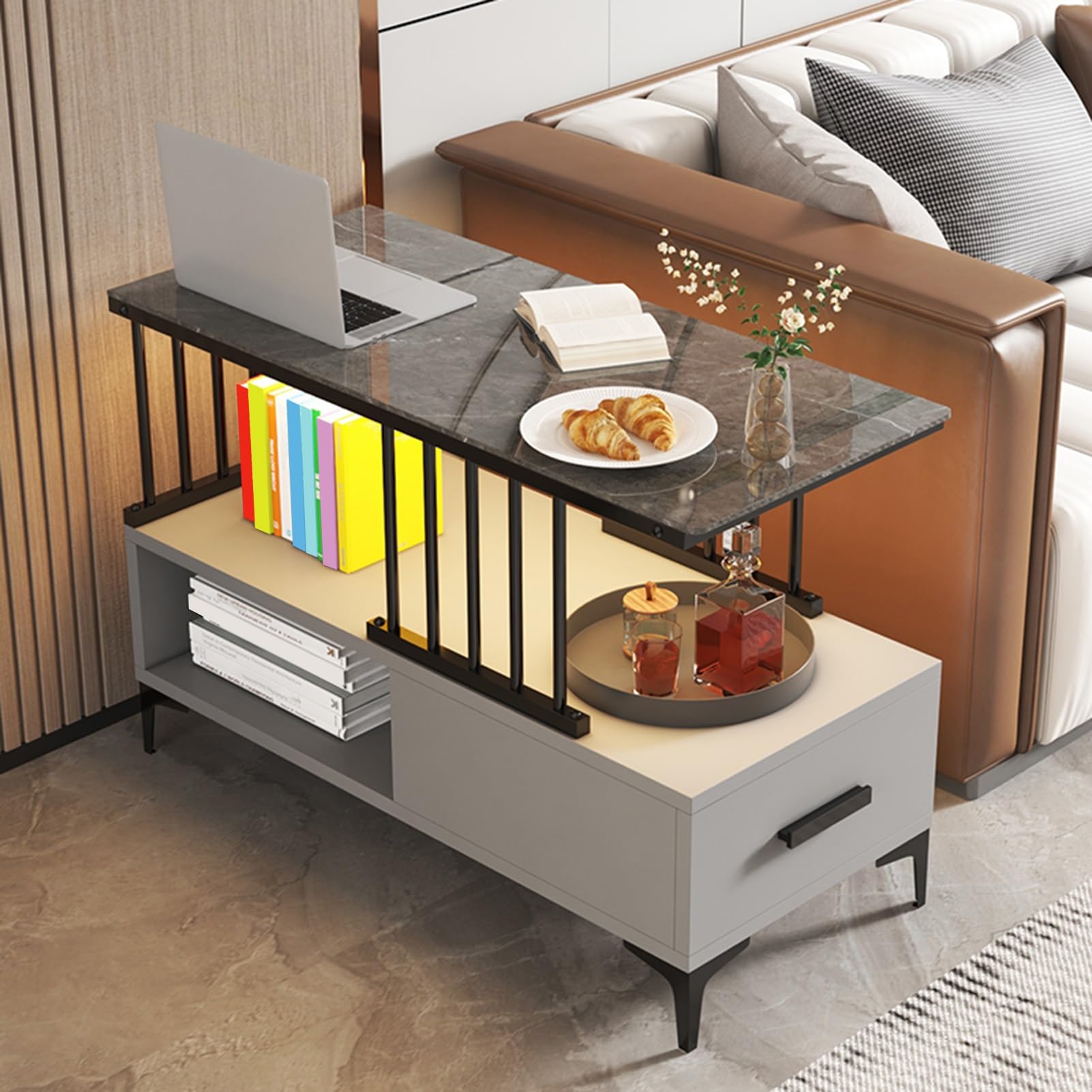 IDEALHOUSE Tavolino rustico con ripiano portaoggetti per piccoli spazi, grigio comodino stretto per soggiorno, camera da letto (grigio, 2 pezzi