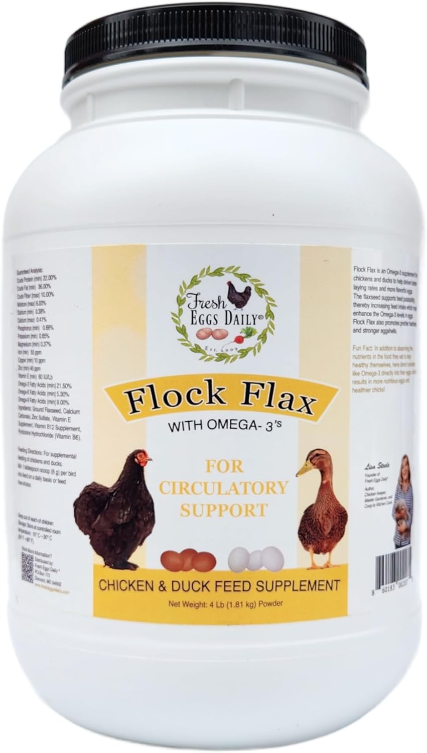 Fresh Eggs Daily Flock Flax – Natural Flaxseed Supplement for Chickens & Ducks – Enhances Omega-3 Levels, Supports Feather Health, and Strengthens Eggshells – 4 lb