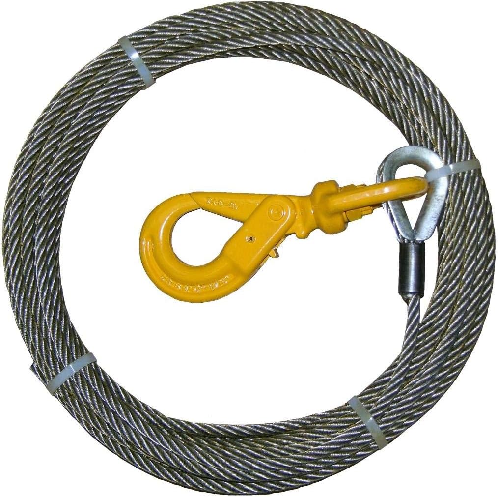 4-716SC100LH Winch Cable, 7/16" x 100' Steel Core with Self Locking Swivel Hook for Wrecker, Tow Truck, Rollback, Crane