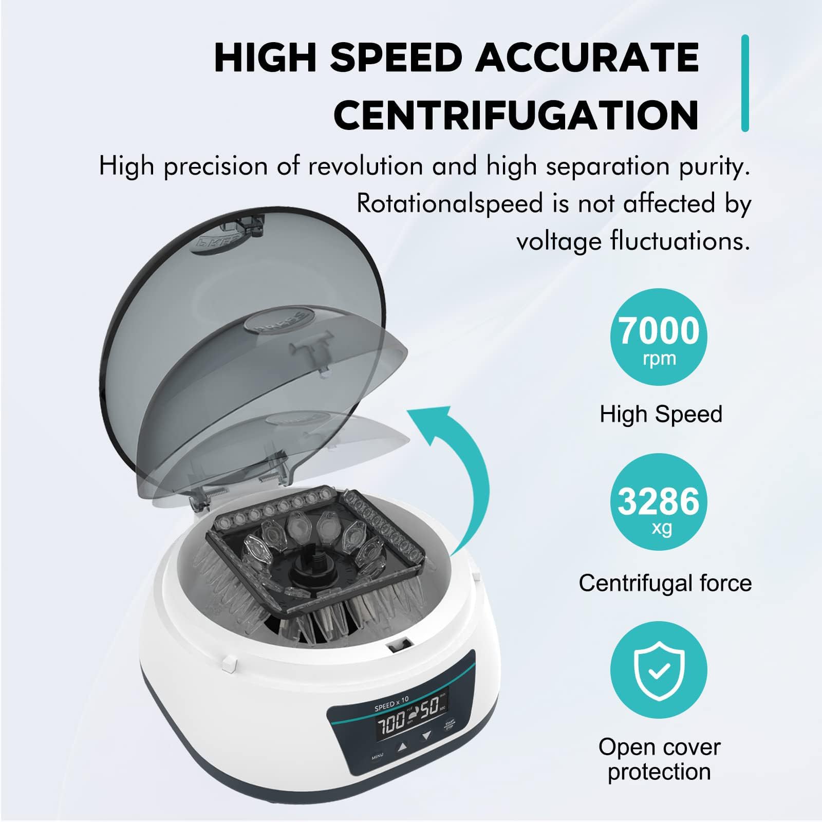 Mini-Zentrifugenmaschine, Labor-Zentrifuge, digitale Tischzentrifuge, 2-in-1-Rotor, offener Deckelschutz, maximale relative Zentrifugalkraft, wissenschaftliche Reagenzgläser, Mikrozentrifuge