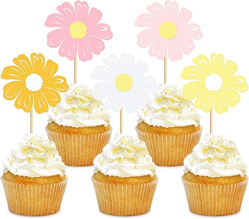 Ercadio Paquete de 30 adornos para cupcakes de margaritas, flores de margarita, flores de margaritas multicolor, decoraciones para pasteles para