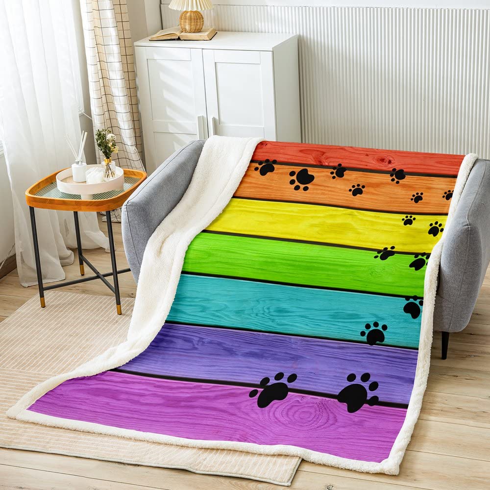 Cat Dog FootPlush Blanket 3D Animal Fleece Throw Blanket for Bed Sofa Colorful Rainbow Wooden Retro Style Sherpa Blanket Pet Lover's Gift Double 60x79 Inch — image 1