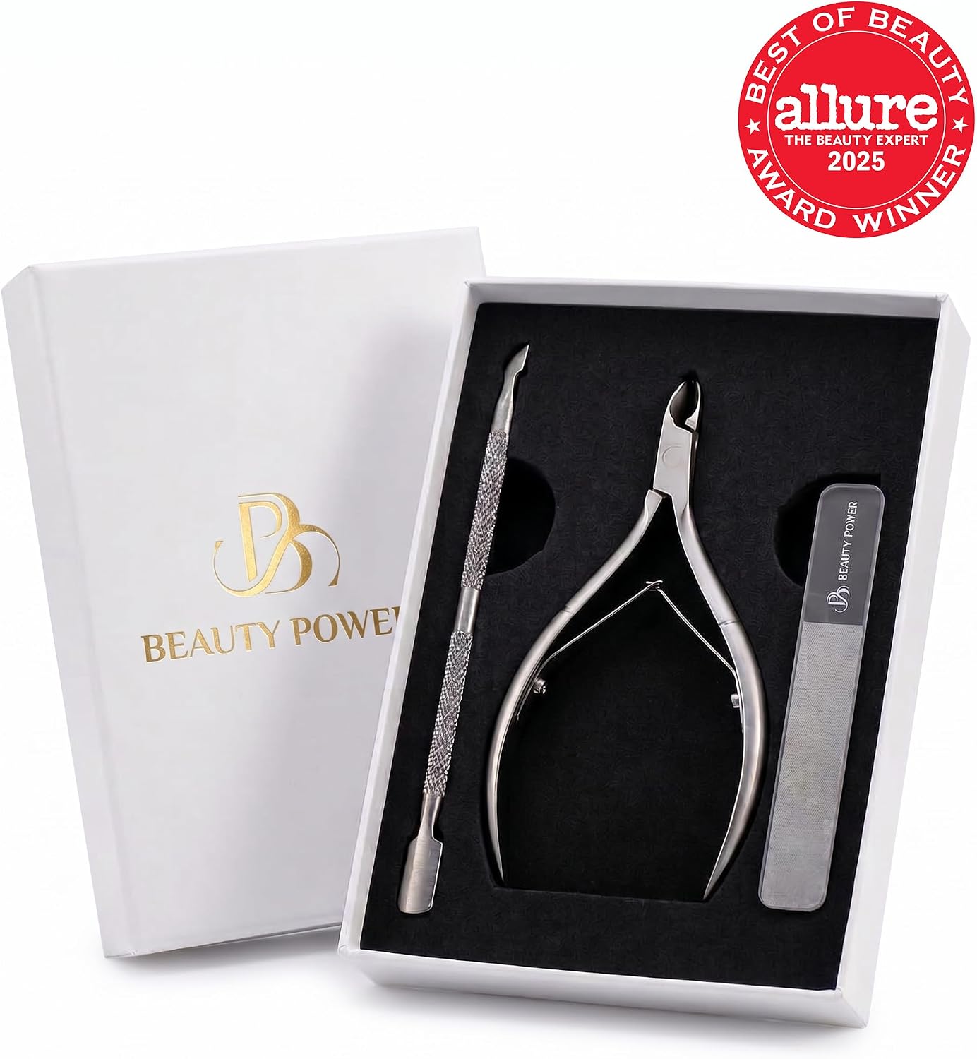 Beauty Power Cuticle Trimmer with Cuticle Pusher & Nano Nail File - Cuticle Nipper Cuticle Remover - Professional Stainless Steel Clippers Pedicure Manicure Tools for Fingernails - Gift Idea