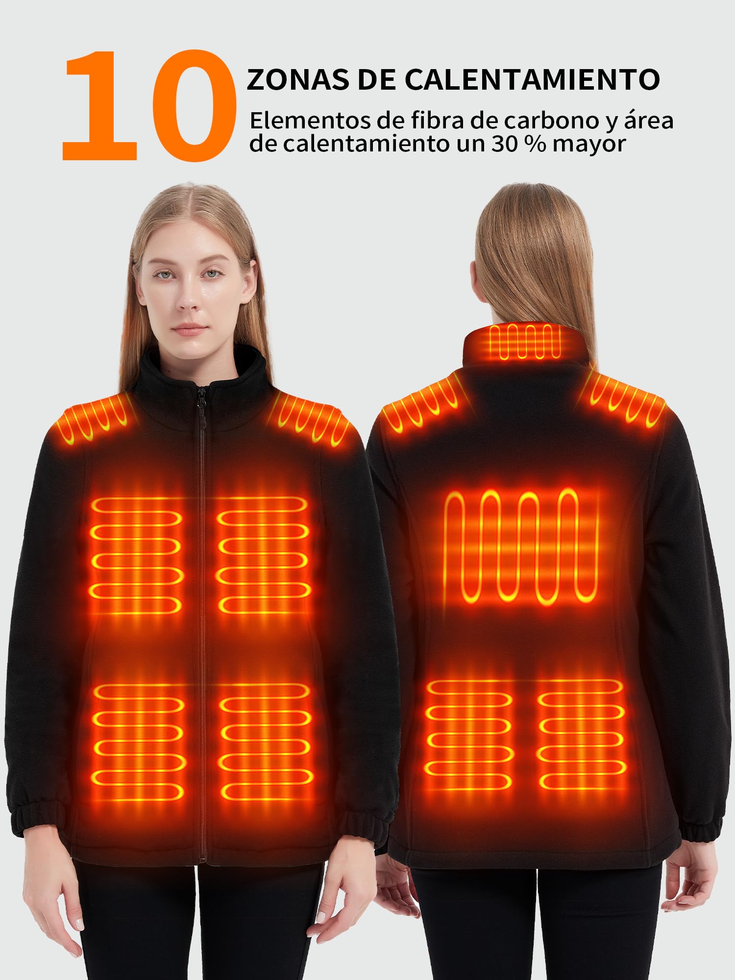 Chaqueta Calefactable Mujer con Bateria 18400 mAh, Chaqueta Termica Mujer, Polar Abrigo Cazadora Ropa Calefactables Chaquetas con Calefaccion Invierno, 10 Zonas de Calentamiento