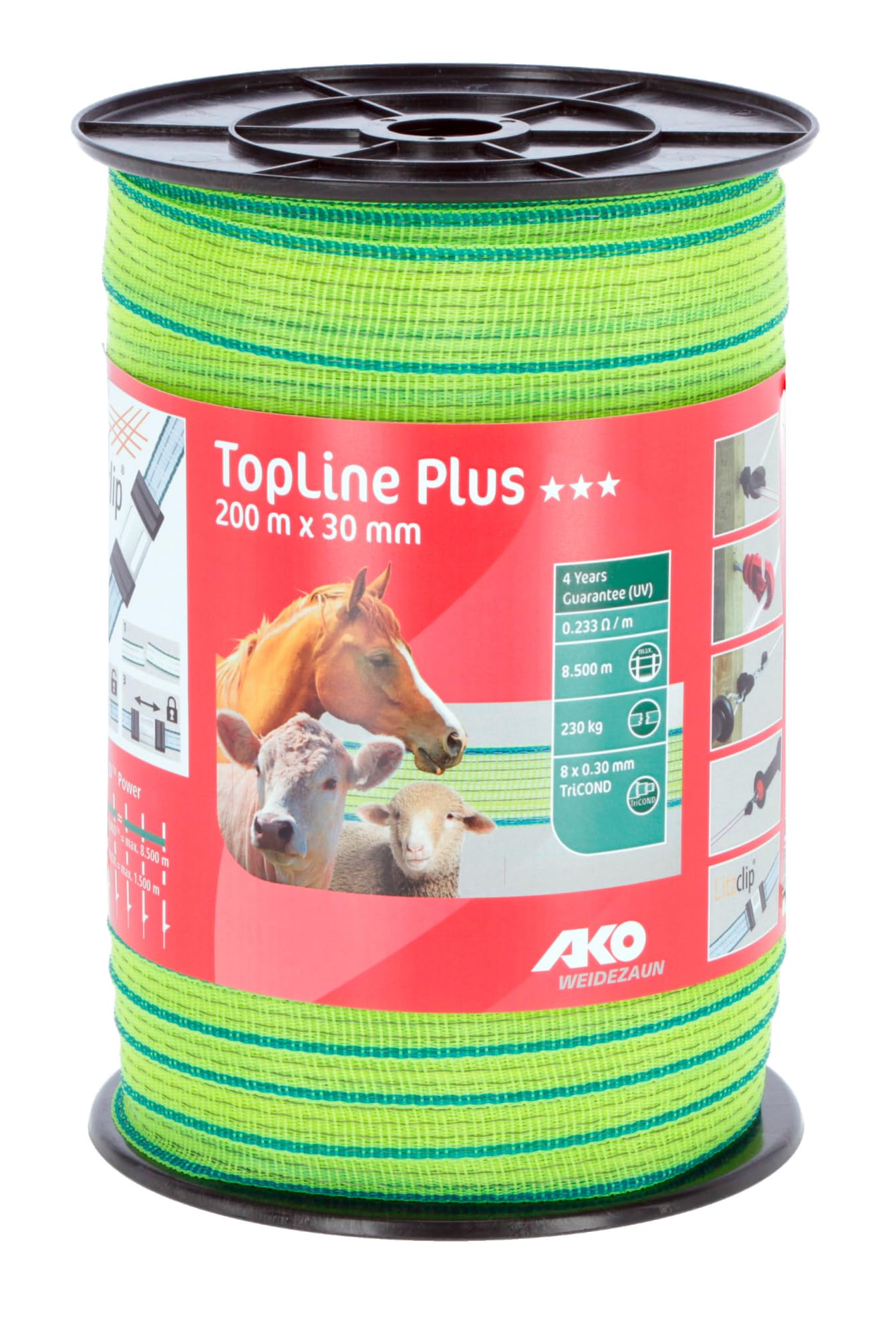 Kerbl 449583 Topline Plus taśma ogrodzeniowa pastwiska, neonowożółty/niebieski, 8 przewodów, długość 200 m, szerokość 30 mm