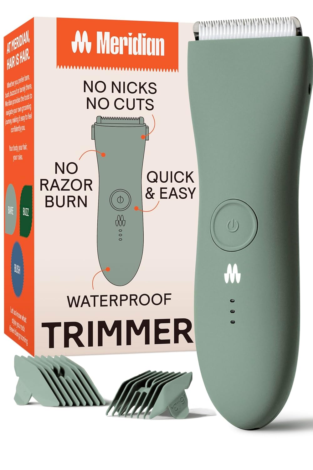 MERIDIAN Body Hair Trimmer for Men, Bikini Trimmer for Women, Ball Trimmer Men, Pubic Hair, No Nick, No Cut, No Razor Burn, Groin and Body Shaver – Waterproof & Rechargeable Body Groomer – Sage