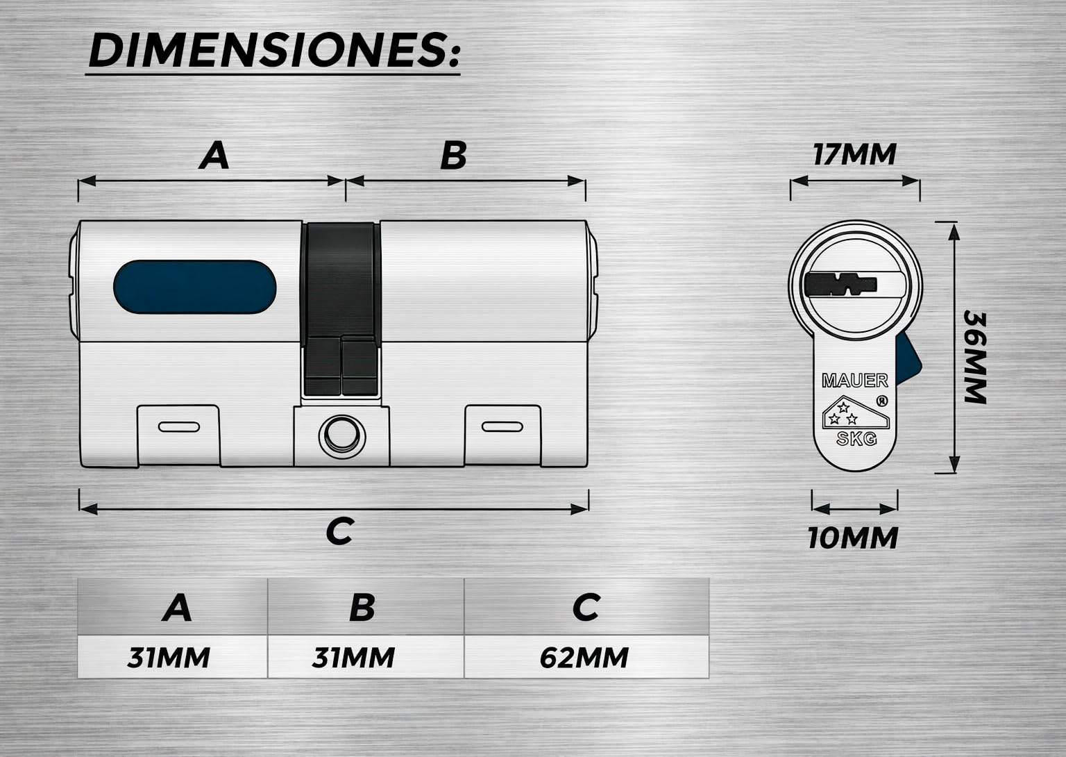 MAUER NW5 Bombin de Seguridad 31x31 Color Niquel + Destornillador | Cilindro Bombillo Reforzado Anti Impresioning Anti Rotura AntiBumping Anti-Taladro Leva Anti-Extracción Cerradura para Puerta