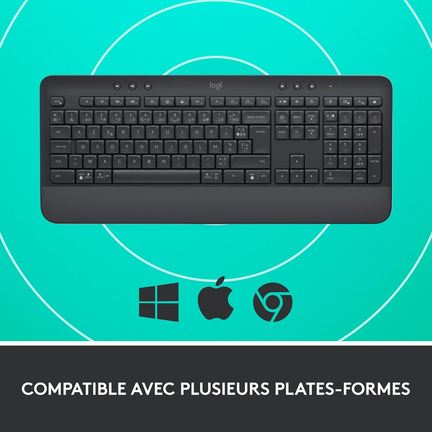 Logitech K650 keyboard pẹlu awọn aami Windows, Apple, ati Chrome OS