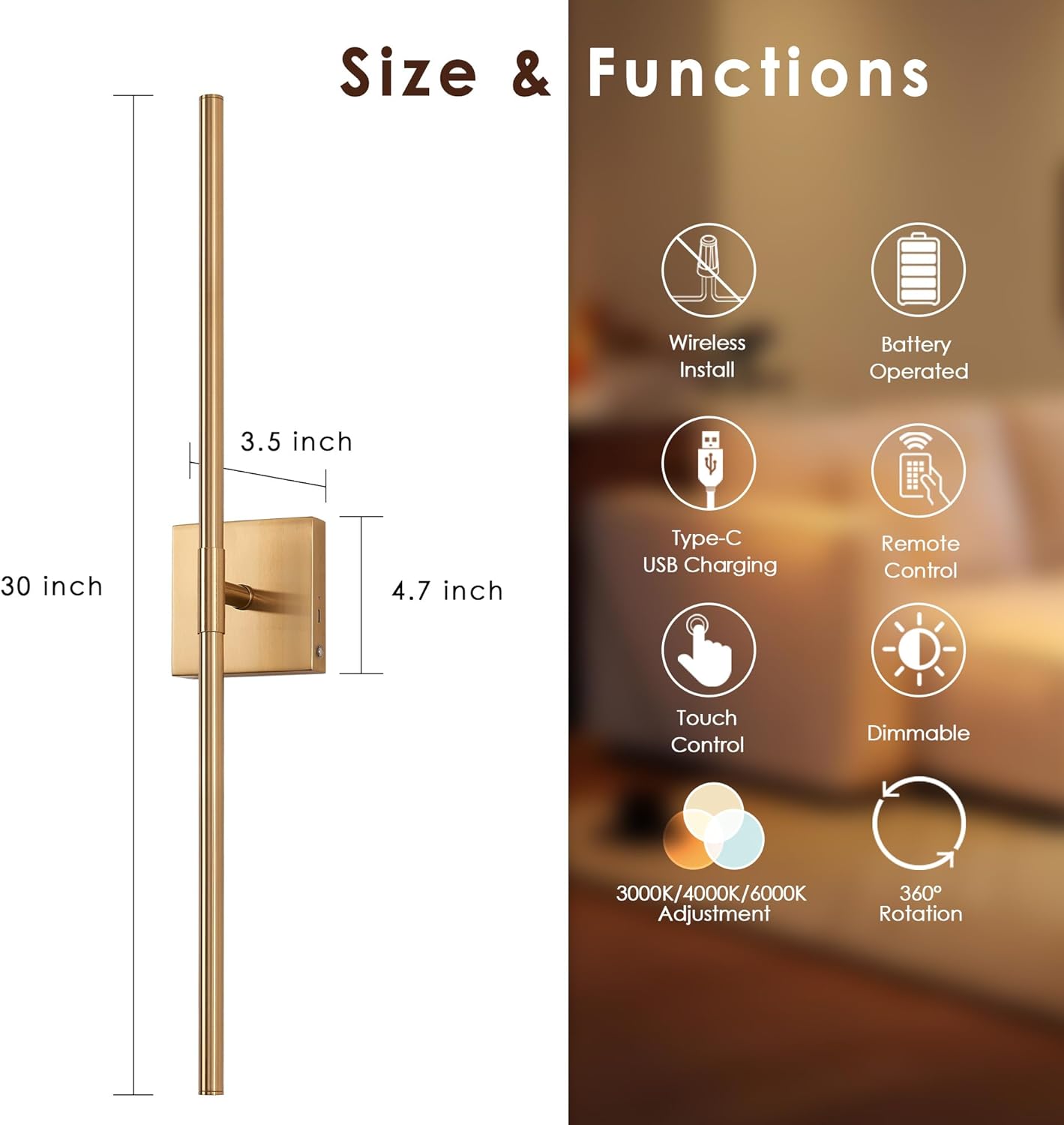 Battery Operated Gold Wall Sconces Set of 2, 30" Wireless Rechargeable LED Wall Lamps with Remote Control, 3 Color Stepless Dimming 360° Rotate Wall Decor Lighting for Living Room Hallway Bedroom