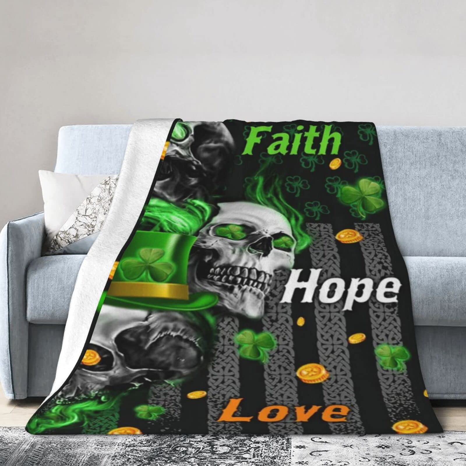 Lsjuee Flannel Fleece Blanket 50"X40" Faith Hope Love Irish Skull Sofa Throw Blanket Quality Ultra-Soft Travel Spring Blankets for Mens Keep Warm