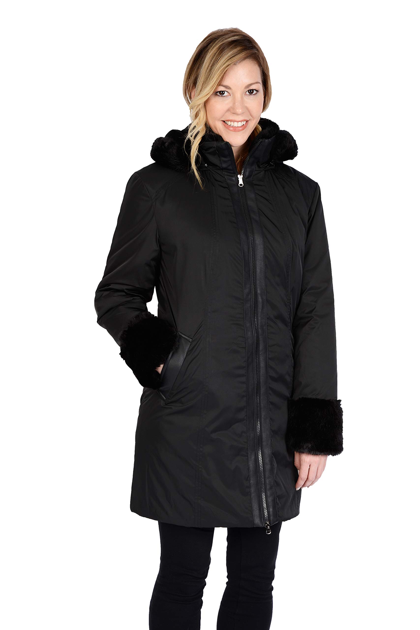 Excelled LeatherExcelled Women's Tech Poly Walking Coat with Faux Fur Trim, Black, M
