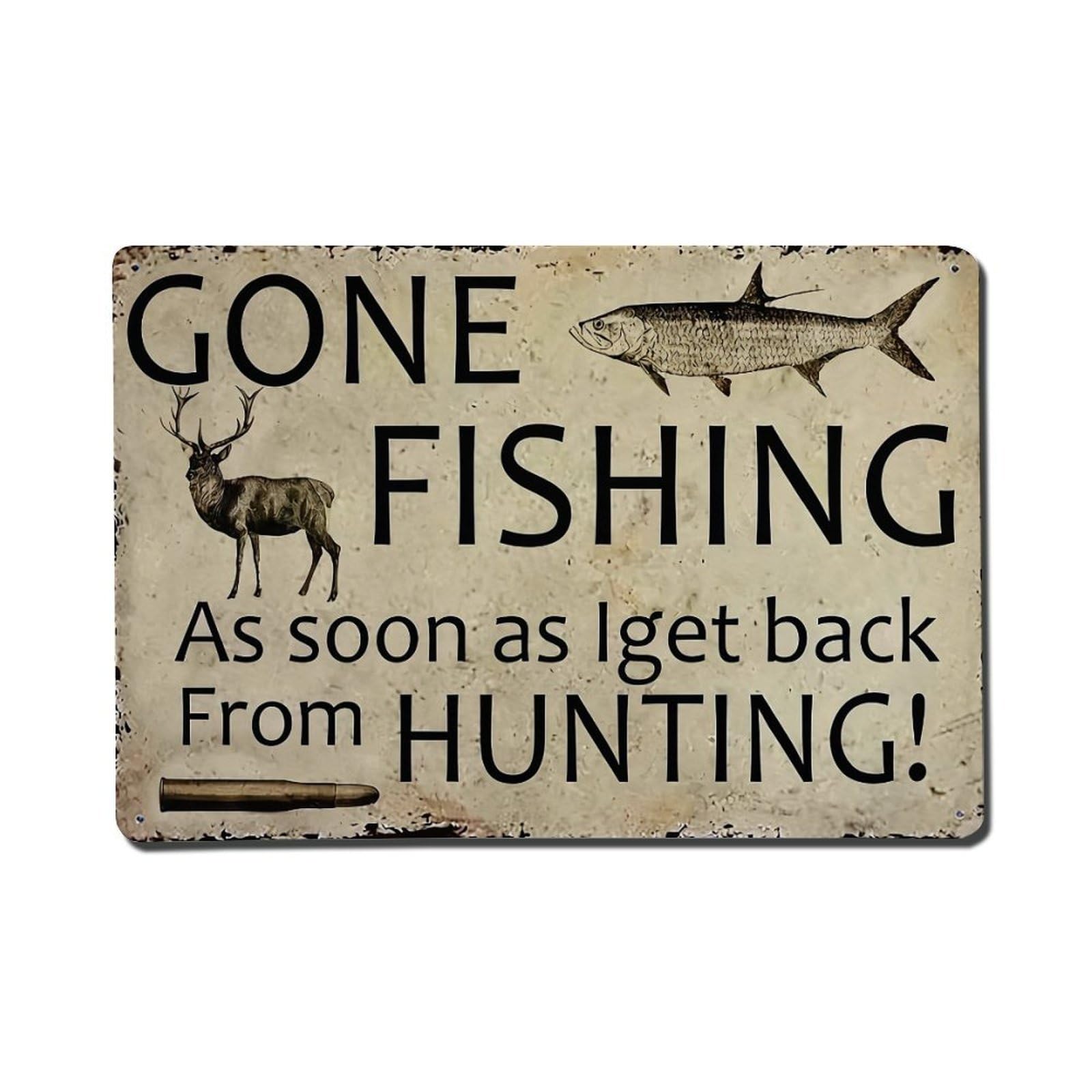 Gone Fishing Hunting Deer Fish Retro Metal Tin Sign, Vintage Decor Art Poster for Bar, Home, Man Cave, Kitchen, Laundry Room Gift 8x12Inch