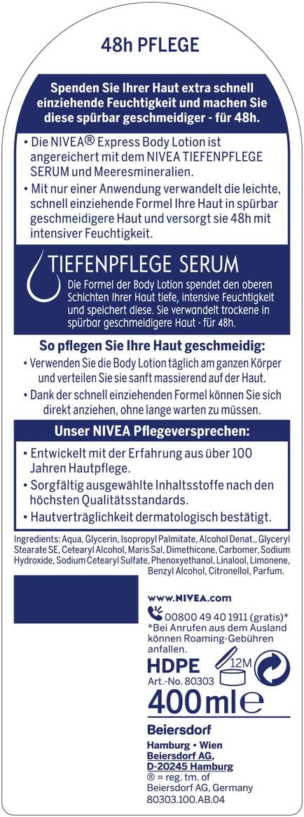 NIVEA Express Body Lotion (400 ml), Extra Fast Absorbing Body Lotion 3 in 1 Formula: 48h Care, Smoothness and Naturally Beautiful Skin - Image 3