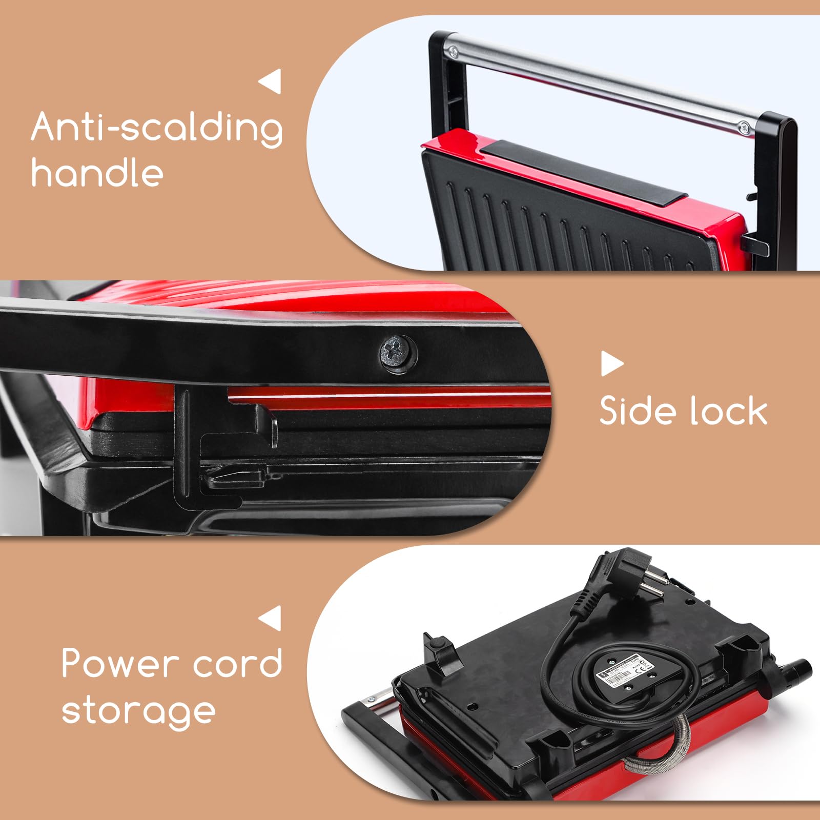 Aigostar Warme 30HHH – Opiekacz Panini/Grill kontaktowy, 700 W, Nienagrzewająca się rączka, Powłoka nieprzywierająca, Wskaźnik pracy, bez BPA, Czerwony, Ekskluzywny Design.