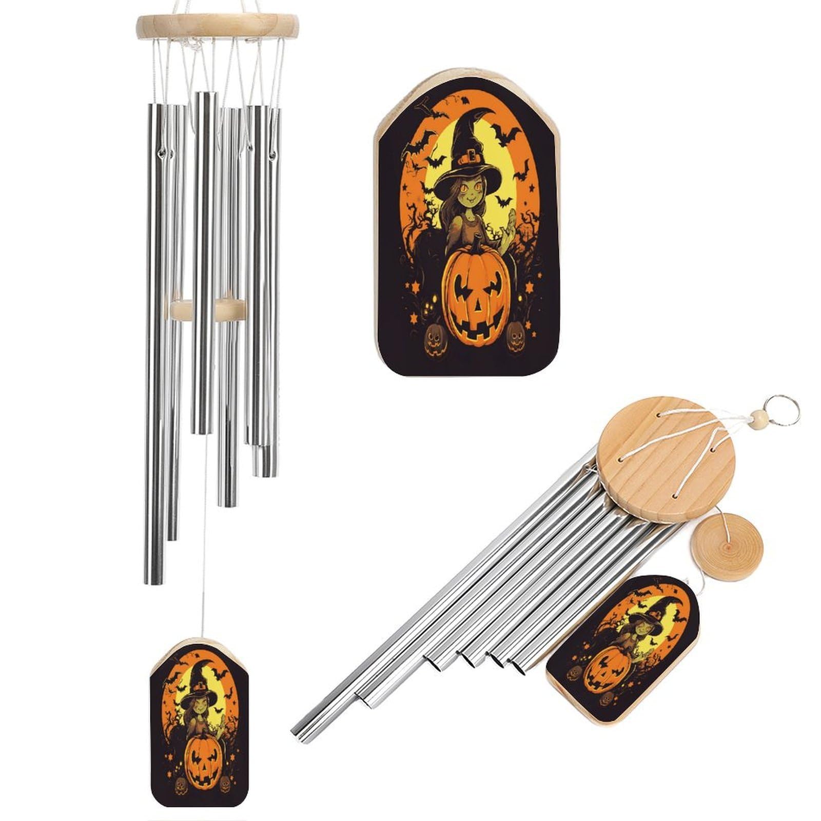 Btcowzrv Style Halloween Pumpkin Witch Wind Chimes For Outside, Hanging Windchimes With 6 Aluminum Tubes, Memorial Wind Chime For Patio Backyard Garden And Outdoor Decor