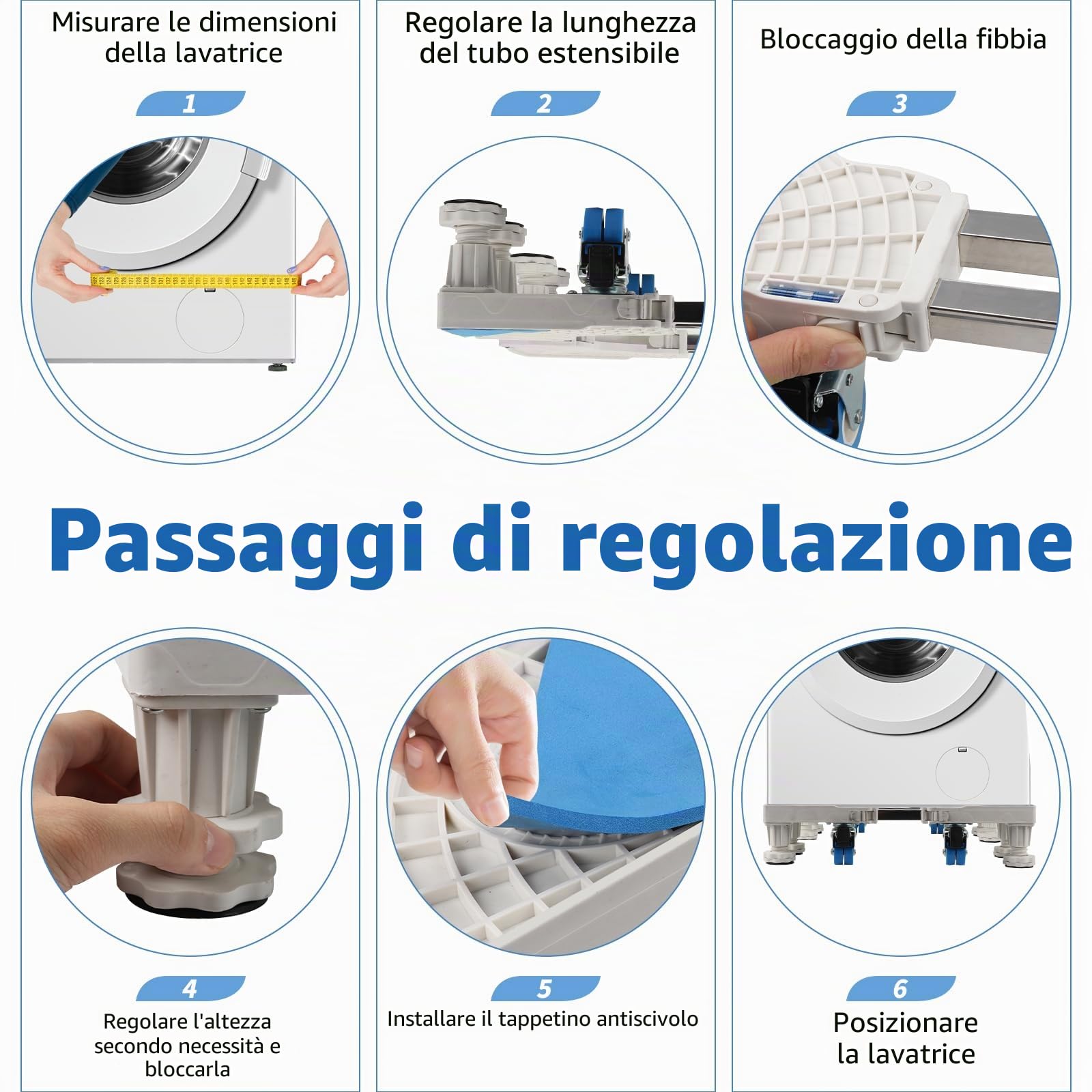 Qivine Carrello Lavatrice con Ruote 8 Piedi e 4 Ruote Base Regolabile per Lavatrice Misura Regolabile 45 a 68 cm Portata 300kg Kit Sovrapposizione Lavatrice Asciugatrice Anche per Frigorifero