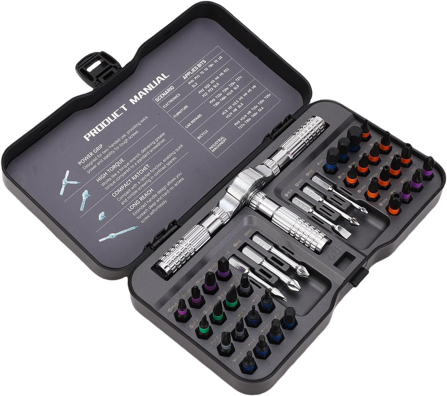 WALFRONT 40 in 1 Ratchet Set, Magnetic Kit with Detachable Ratchet Handle and 38xS2 Steel Bits, for Furniture Assembly Computer Maintenance Bike Fixes