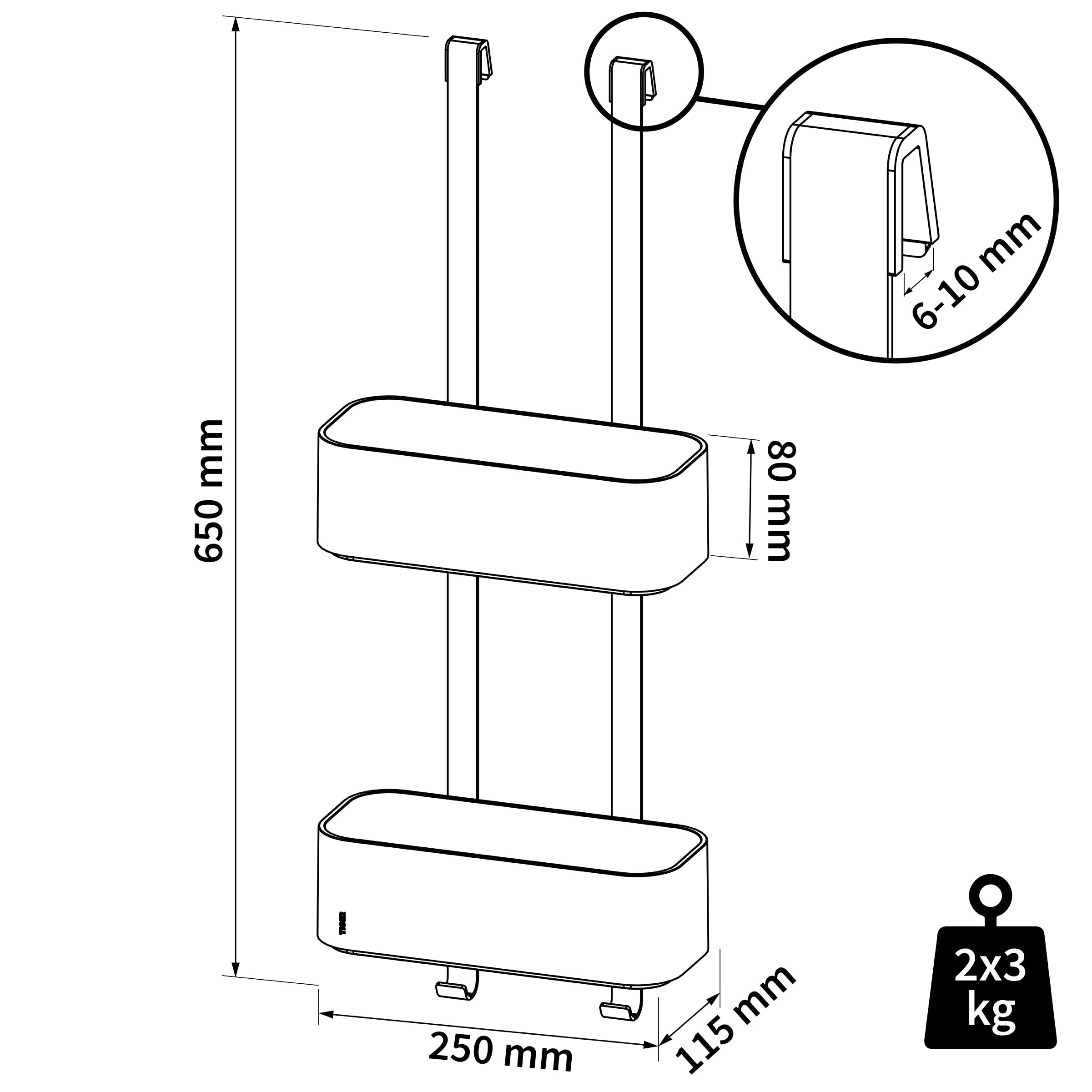 Tiger 2-Store Duschkorb doppelt, Duschablage ohne Bohren, zum Hängen auf die Duschwand, Duschregal mit Ablage für Duschgel & Co., mit integriertem Haken, Edelstahl, Kunststoff, Farbe: Schwarz