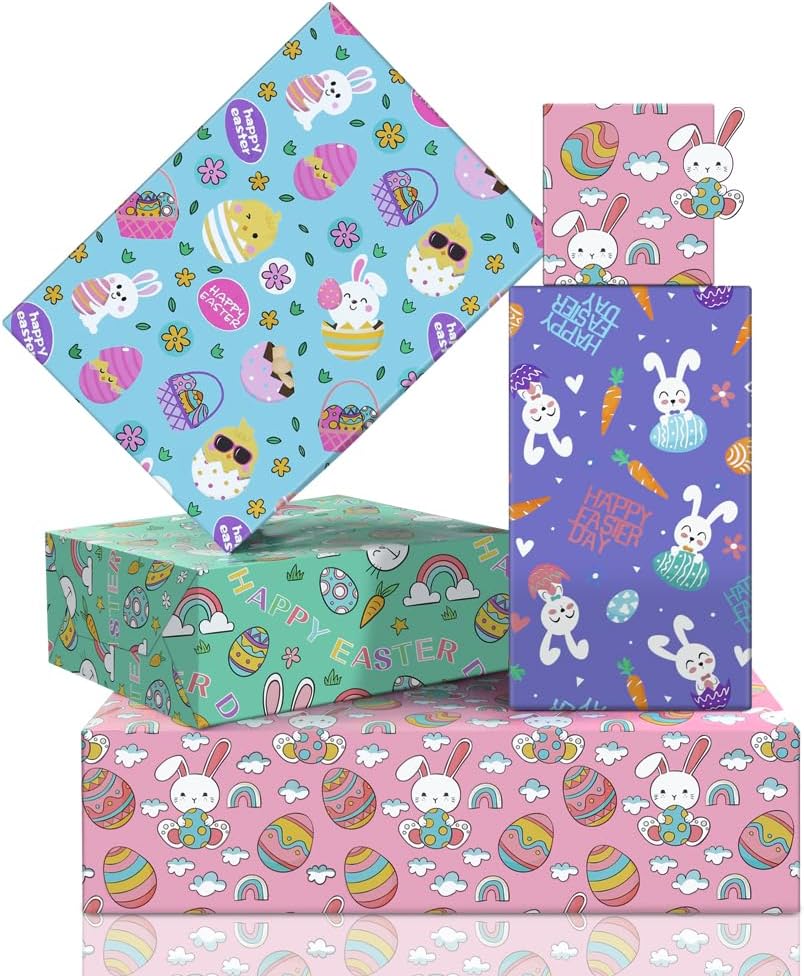 Easter Wrapping Paper 4 Sheets, Cute Rabbits Bunny Carrot Chick Easter Egg Patterns Gift Wrap for Spring Holiday Easter's Day Party Favor Gift Wrapping Art Crafts Supplies - Folded Flat/4 Designs