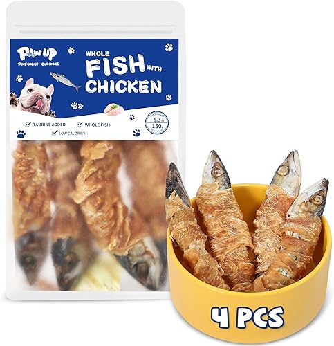 PAWUP Golosinas de pescado para perros con pollo, masticables saludables, caballa entera envuelta en pollo, rica en Omega 3, 1% taurina añadida,