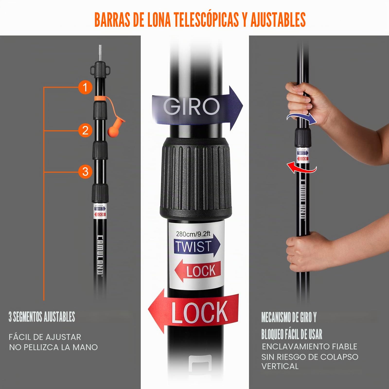 CAMULAND Barras Telescópicas para Tienda de Campaña - Ajustables, Resistentes al Agua y Viento, Portátil Ligero para Camping, Senderismo, Hamaca (2 Unidades)