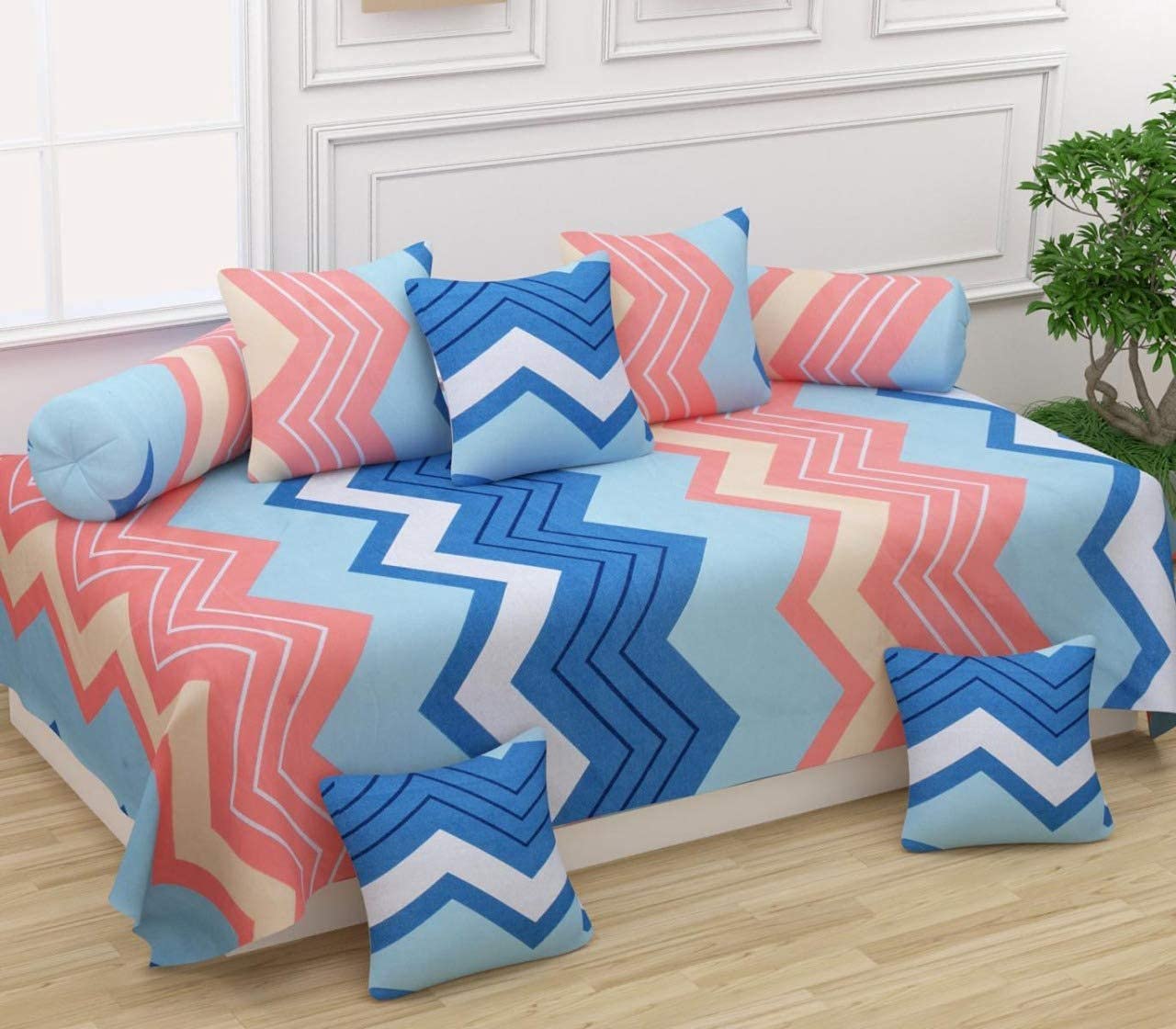 MORADO® 160 TC Glace Cotton 8 Piece Diwan Set Including 1 Bedsheet, 5 Cushion Covers and 2 Bolster Covers, Multi Colors-image-17